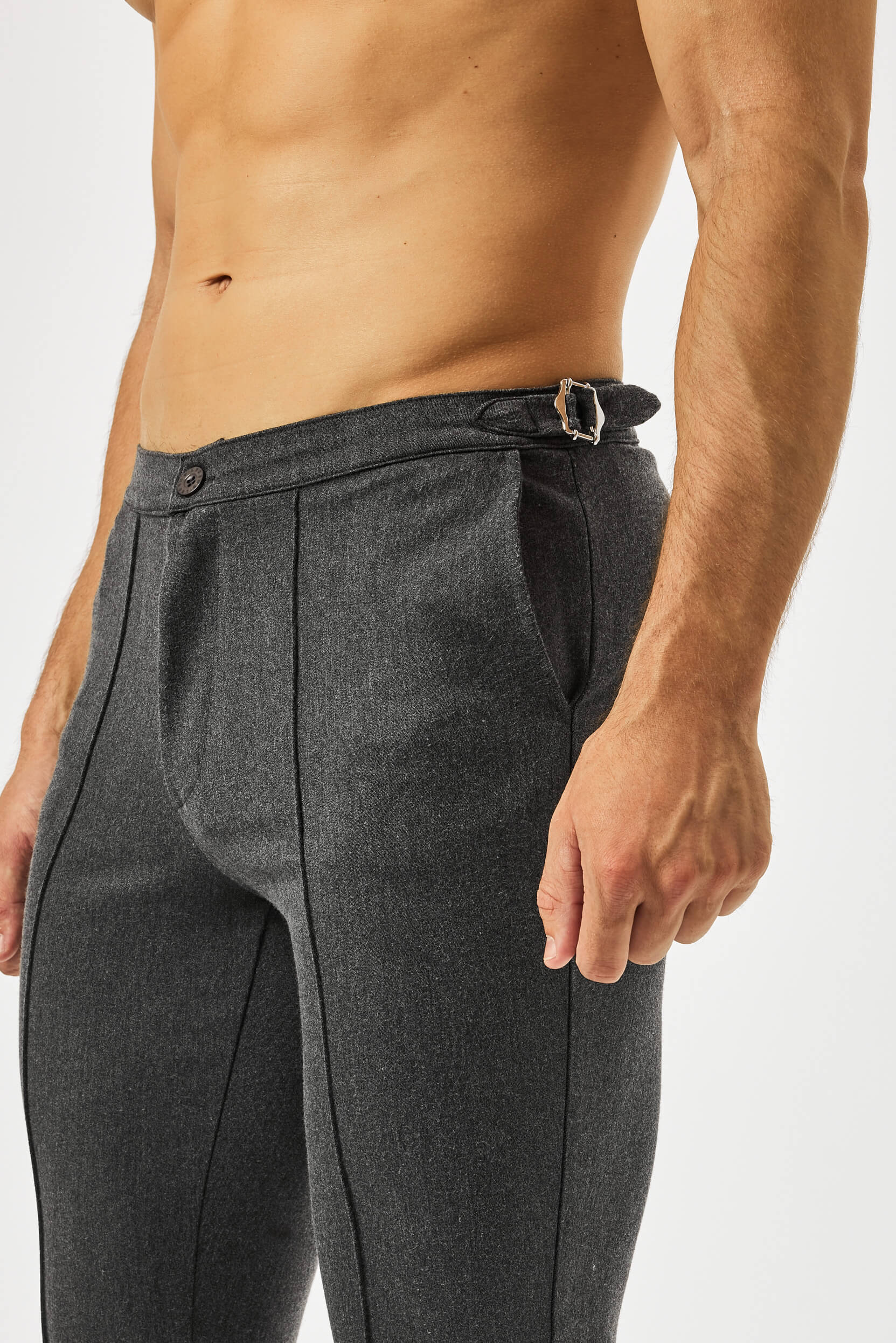 PLAIN STRETCH TROUSER W/SIDE CINCH - SLATE GREY