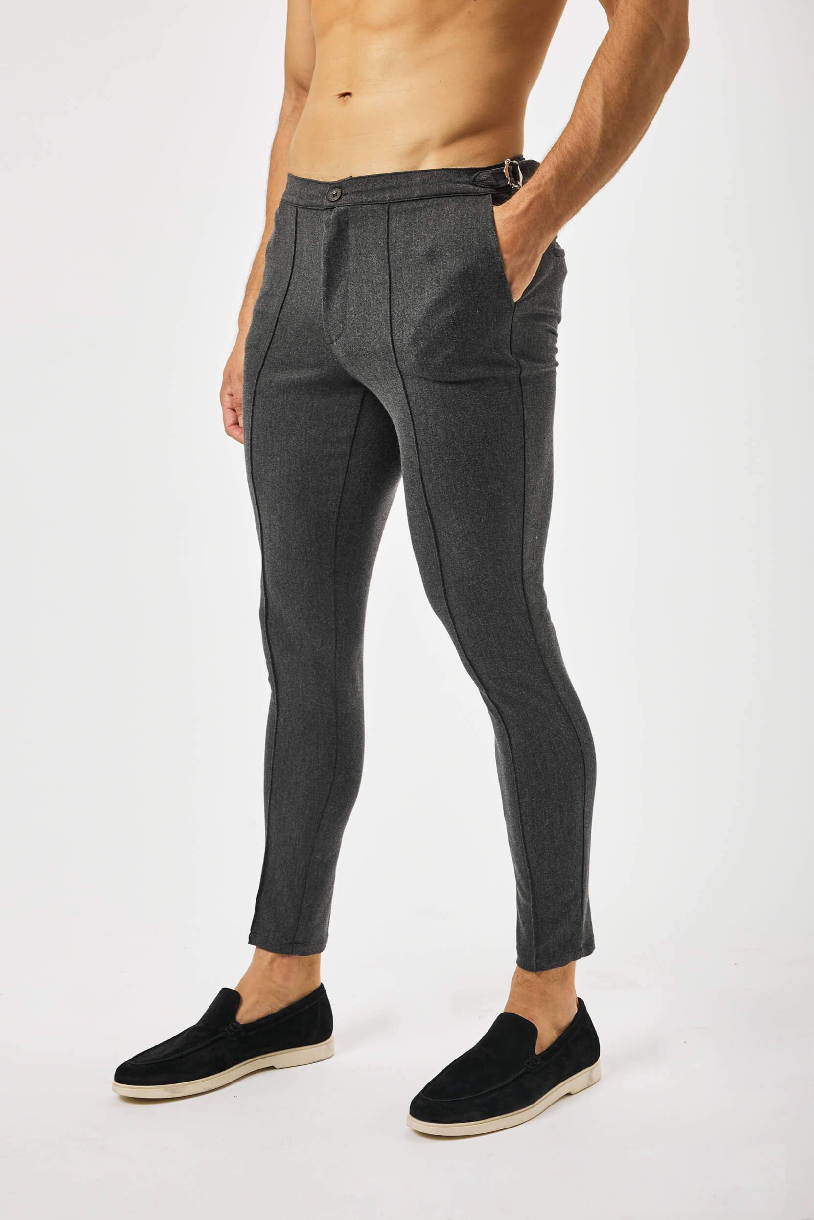 PLAIN STRETCH TROUSER W/SIDE CINCH - SLATE GREY