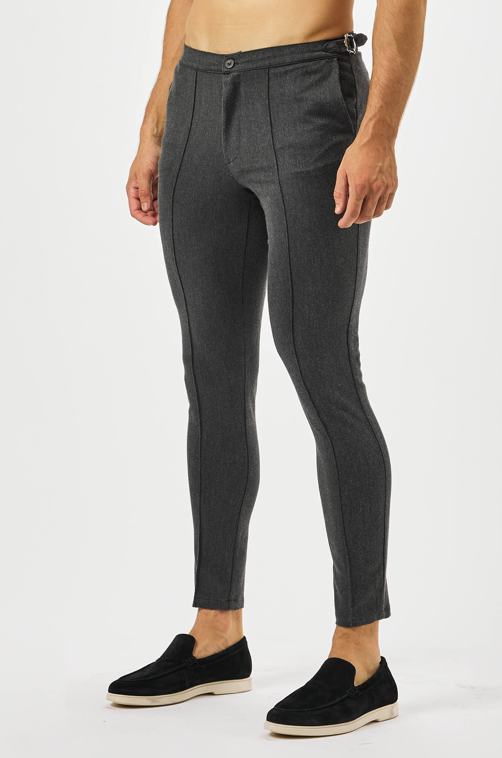 PLAIN STRETCH TROUSER W/SIDE CINCH - SLATE GREY