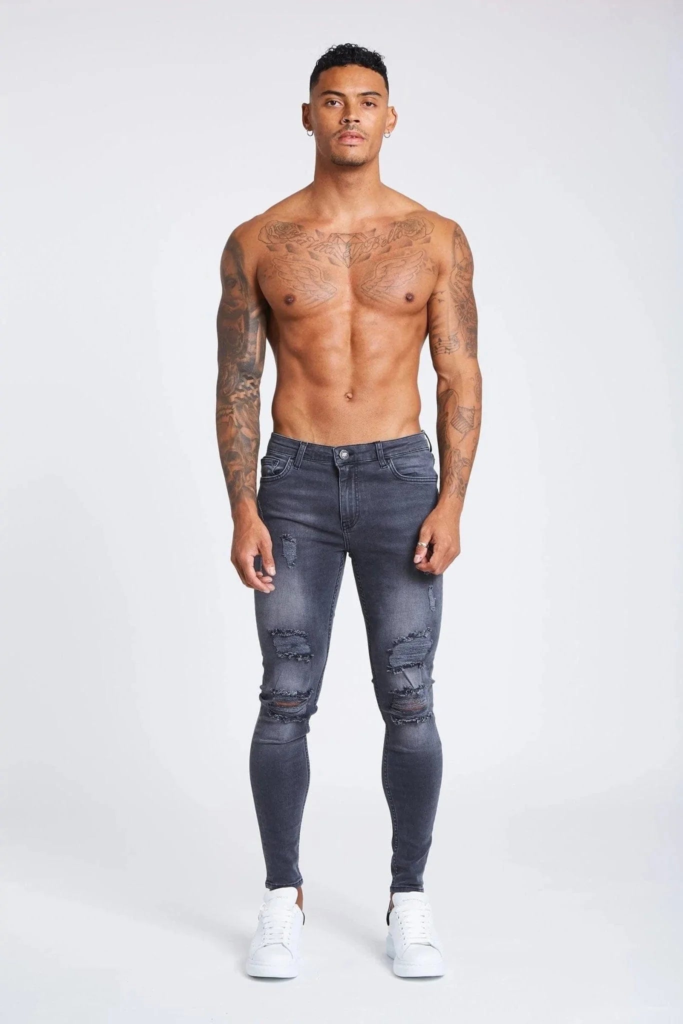 SKINNY FIT JEANS RISSEN &amp; REPARATURIERT - HELLGRAU