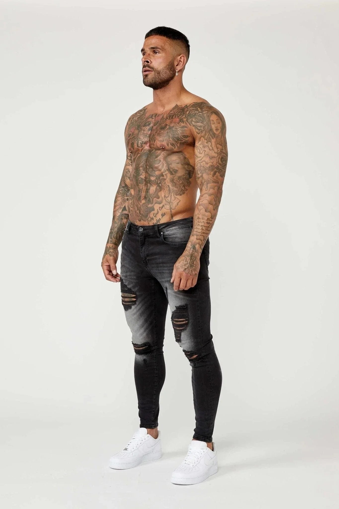 PREMIUM SKINNY FIT JEANS RIPPED & REPAIRED - GREY WASHED