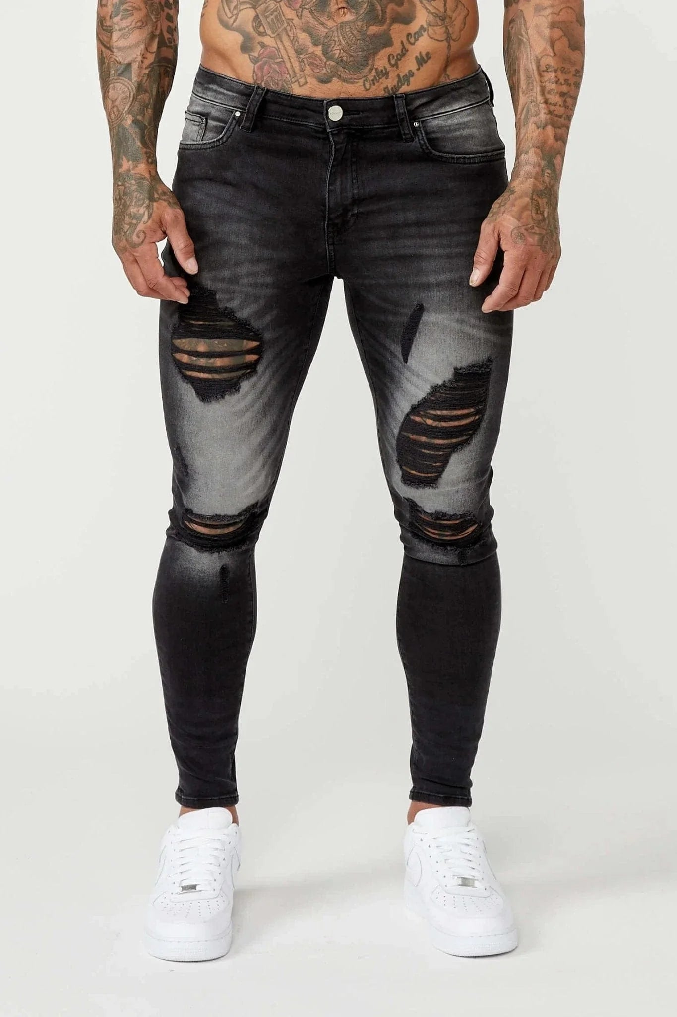 PREMIUM SKINNY FIT JEANS RIPPED & REPAIRED - GREY WASHED