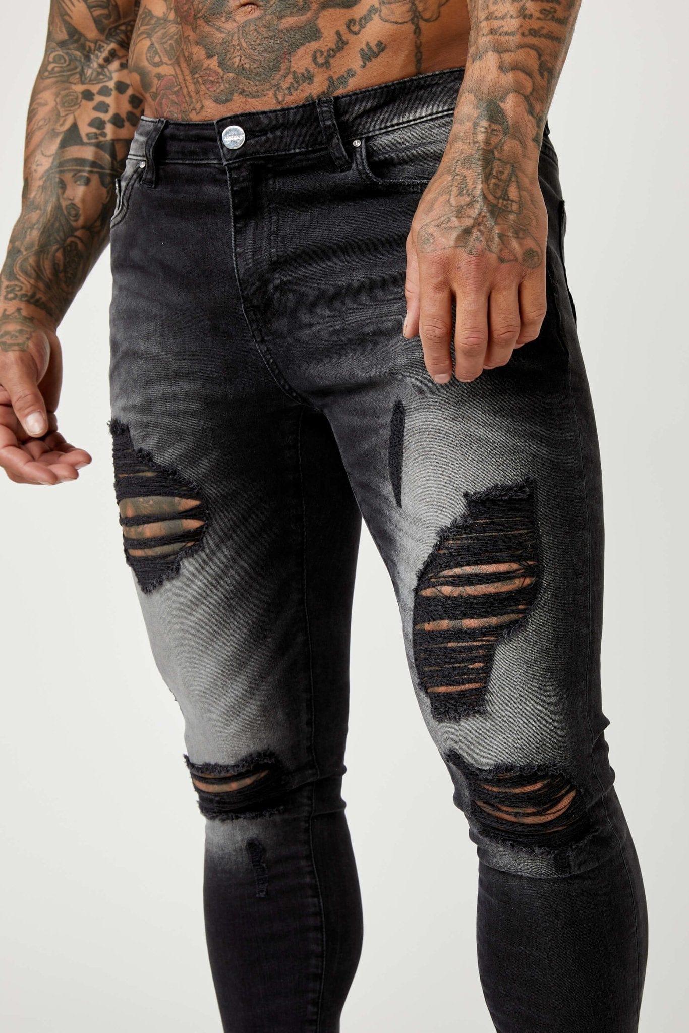 PREMIUM SKINNY FIT JEANS RIPPED & REPAIRED - GREY WASHED