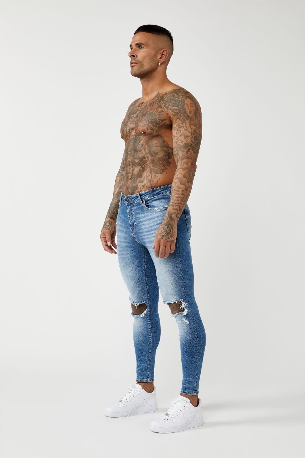 PREMIUM SKINNY FIT JEANS DESTROYED KNEE - MID BLUE WASH