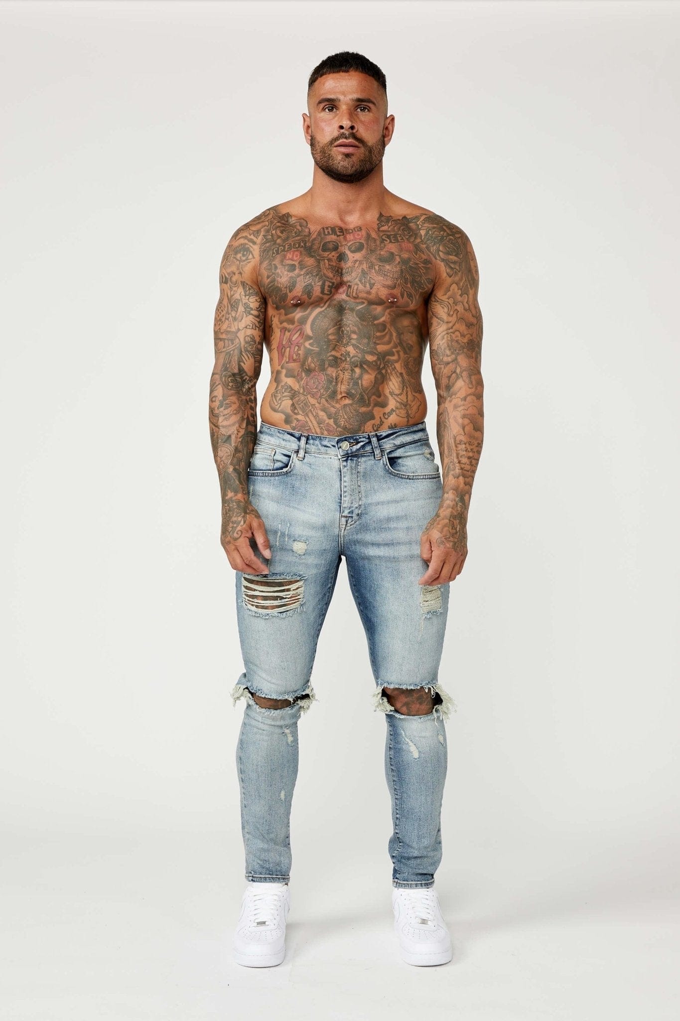 JEAN SKINNY FIT - BLEU MOYEN DÉCHIRÉ ET RÉPARÉ