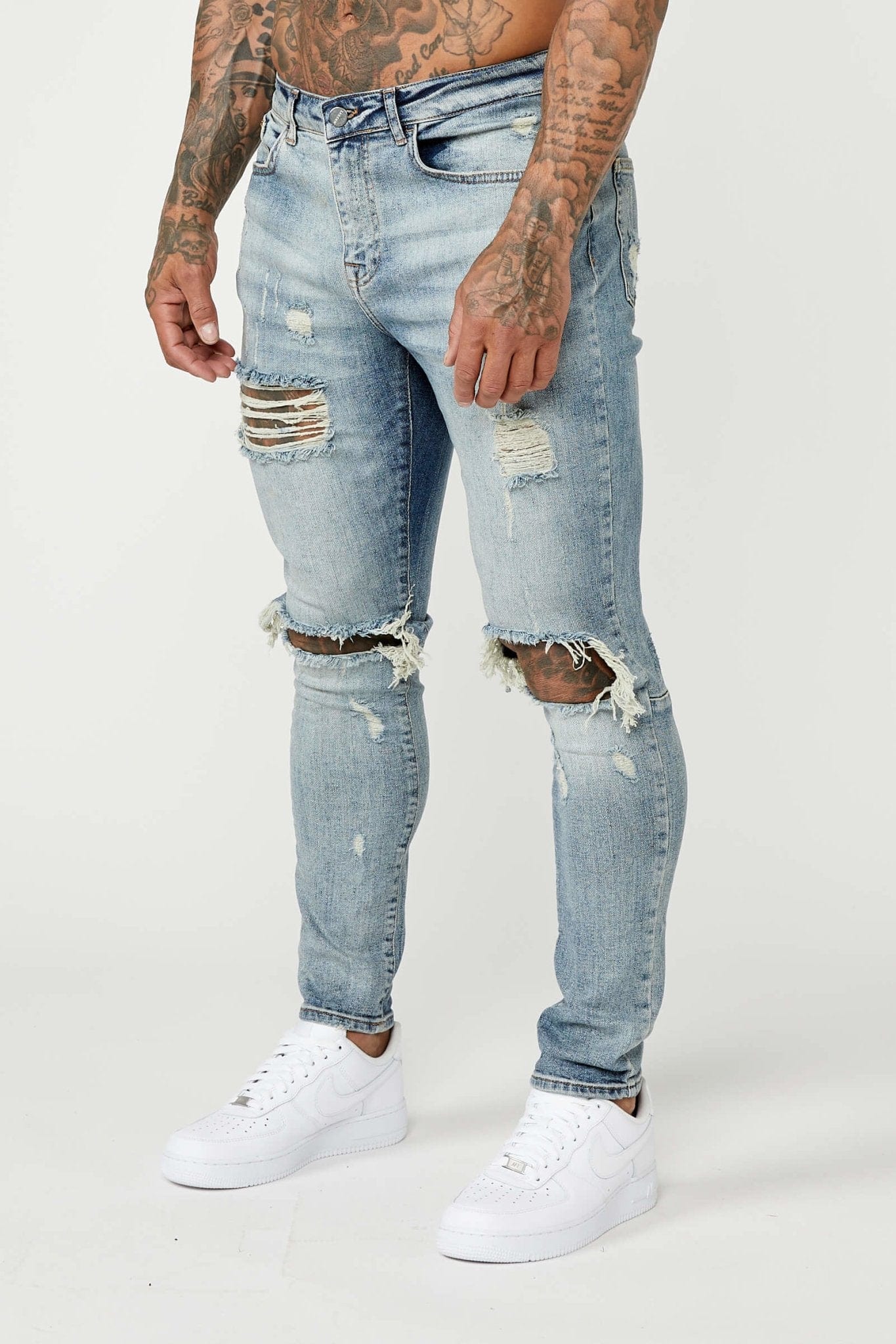 JEAN SKINNY FIT - BLEU MOYEN DÉCHIRÉ ET RÉPARÉ