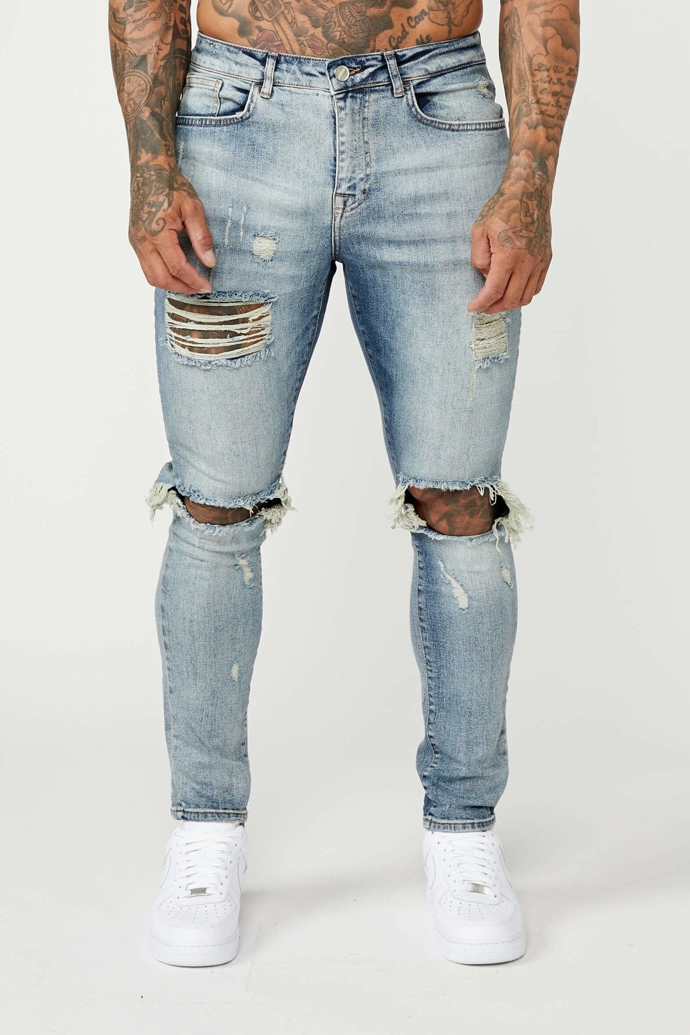 JEAN SKINNY FIT - BLEU MOYEN DÉCHIRÉ ET RÉPARÉ