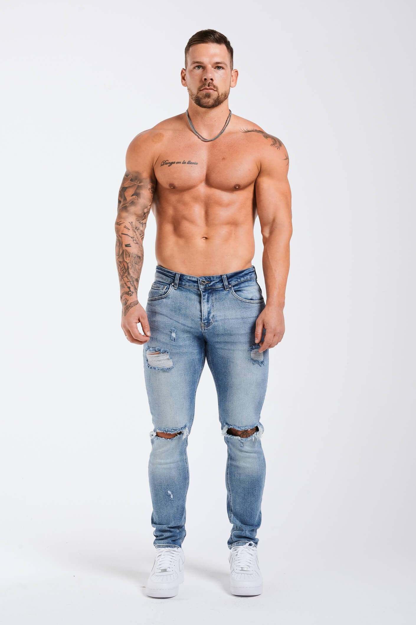 SLIM FIT JEANS 2.0 RIPPED AND REPAIRED - MID BLUE