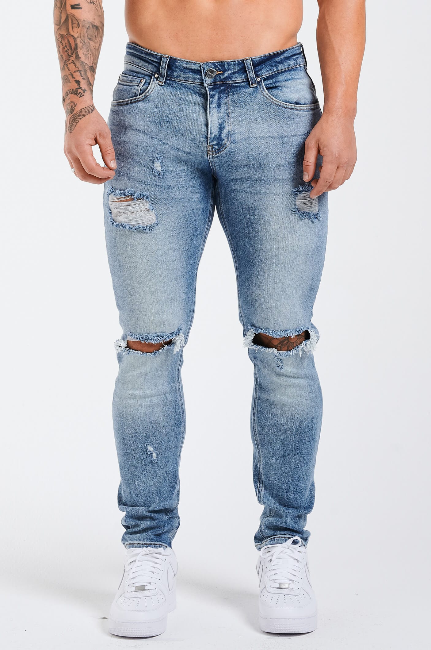 JEAN SLIM FIT 2.0 DÉCHIRÉ ET RÉPARÉ - BLEU MOYEN