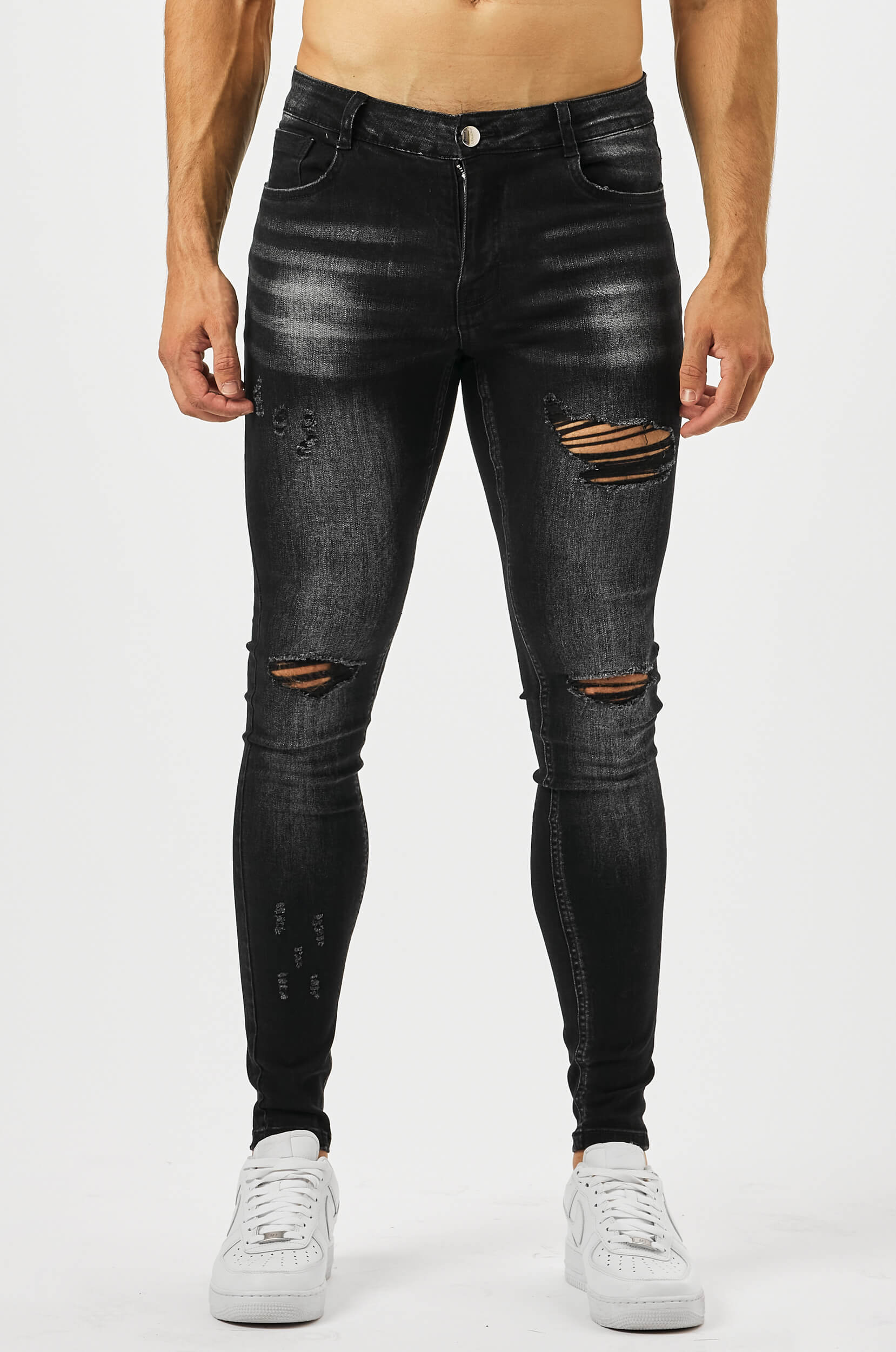 SKINNY FIT JEANS MULTI RIP - CHARCOAL WASH