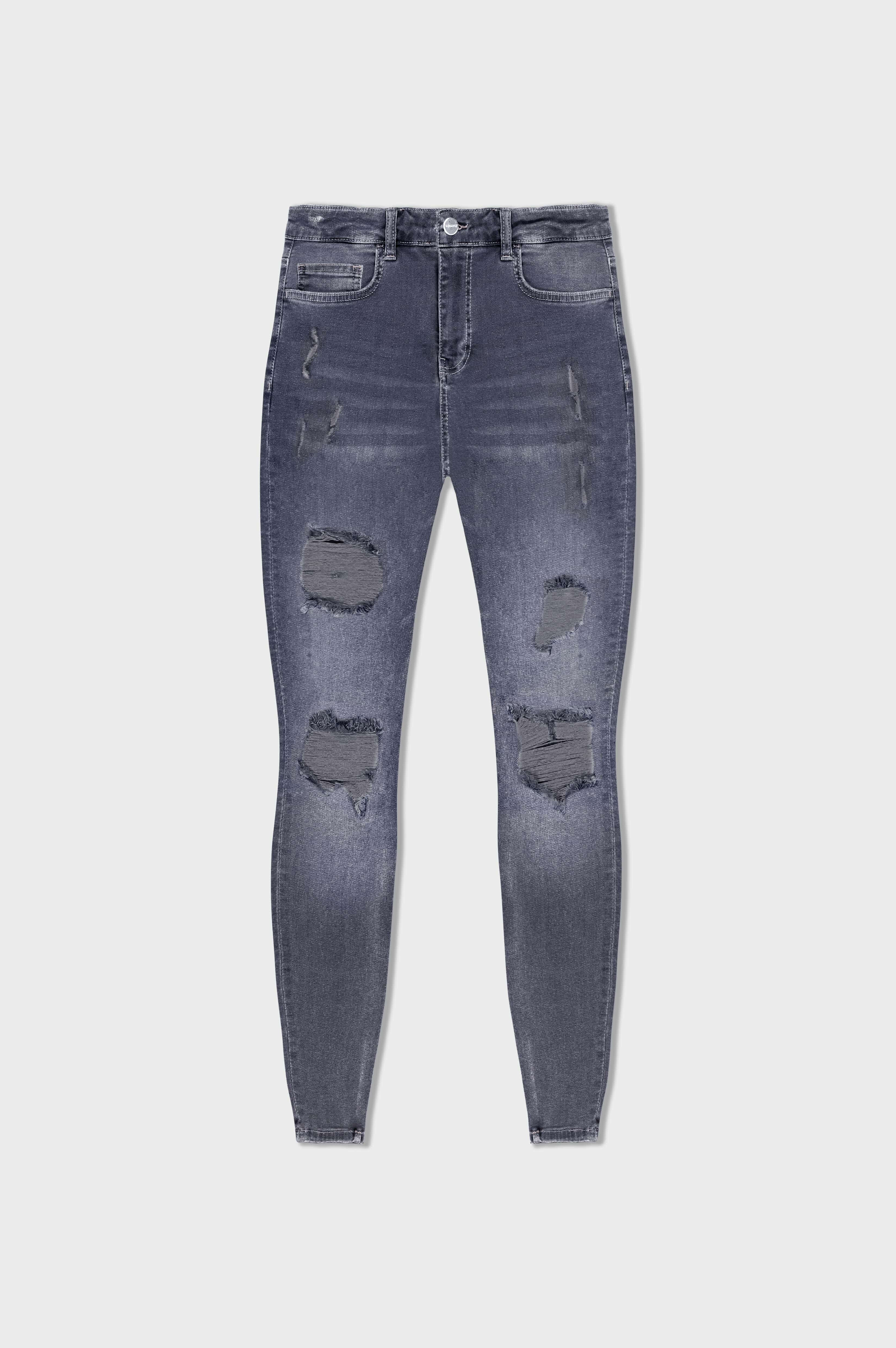 SKINNY FIT JEANS RISSEN &amp; REPARATURIERT - HELLGRAU