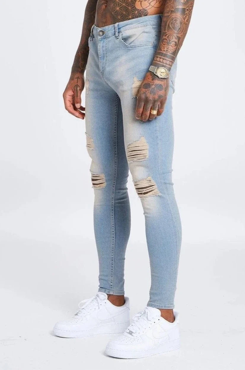 SKINNY FIT JEANS RIPPED & REPAIRED - STONE WASHED