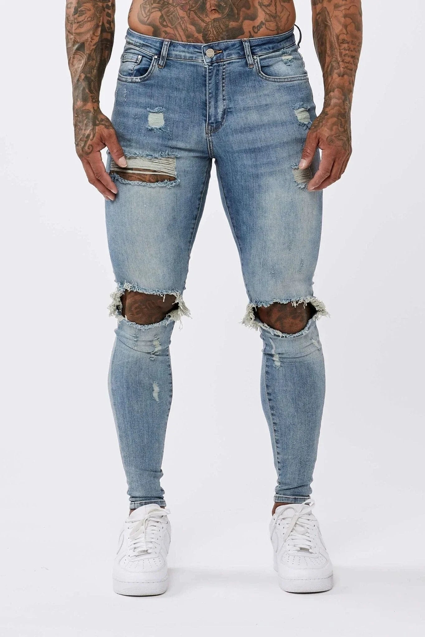 SKINNY FIT JEANS RIPPED & REPAIRED - STRONG WASHED MID BLUE