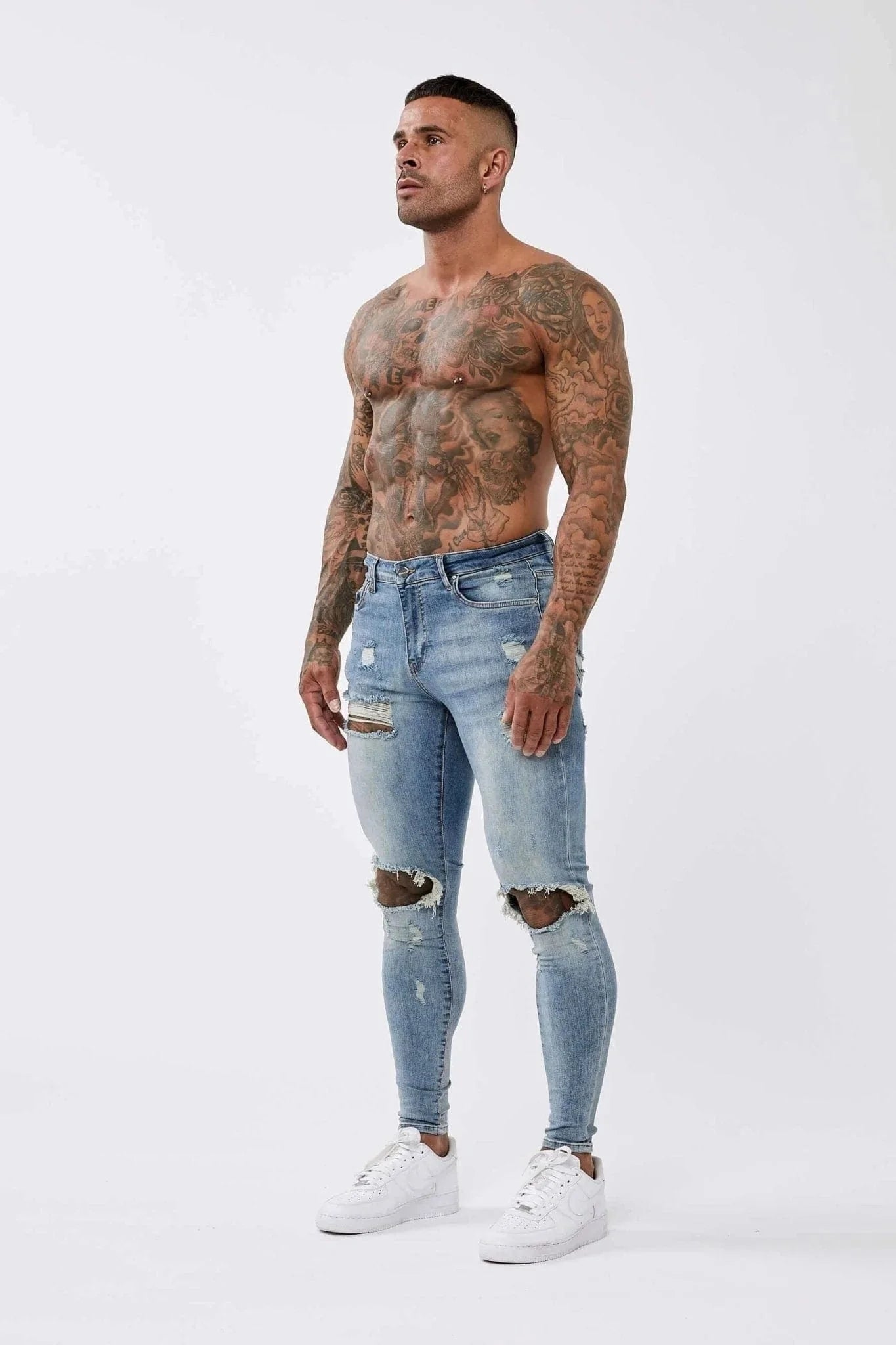 SKINNY FIT JEANS RIPPED & REPAIRED - STRONG WASHED MID BLUE