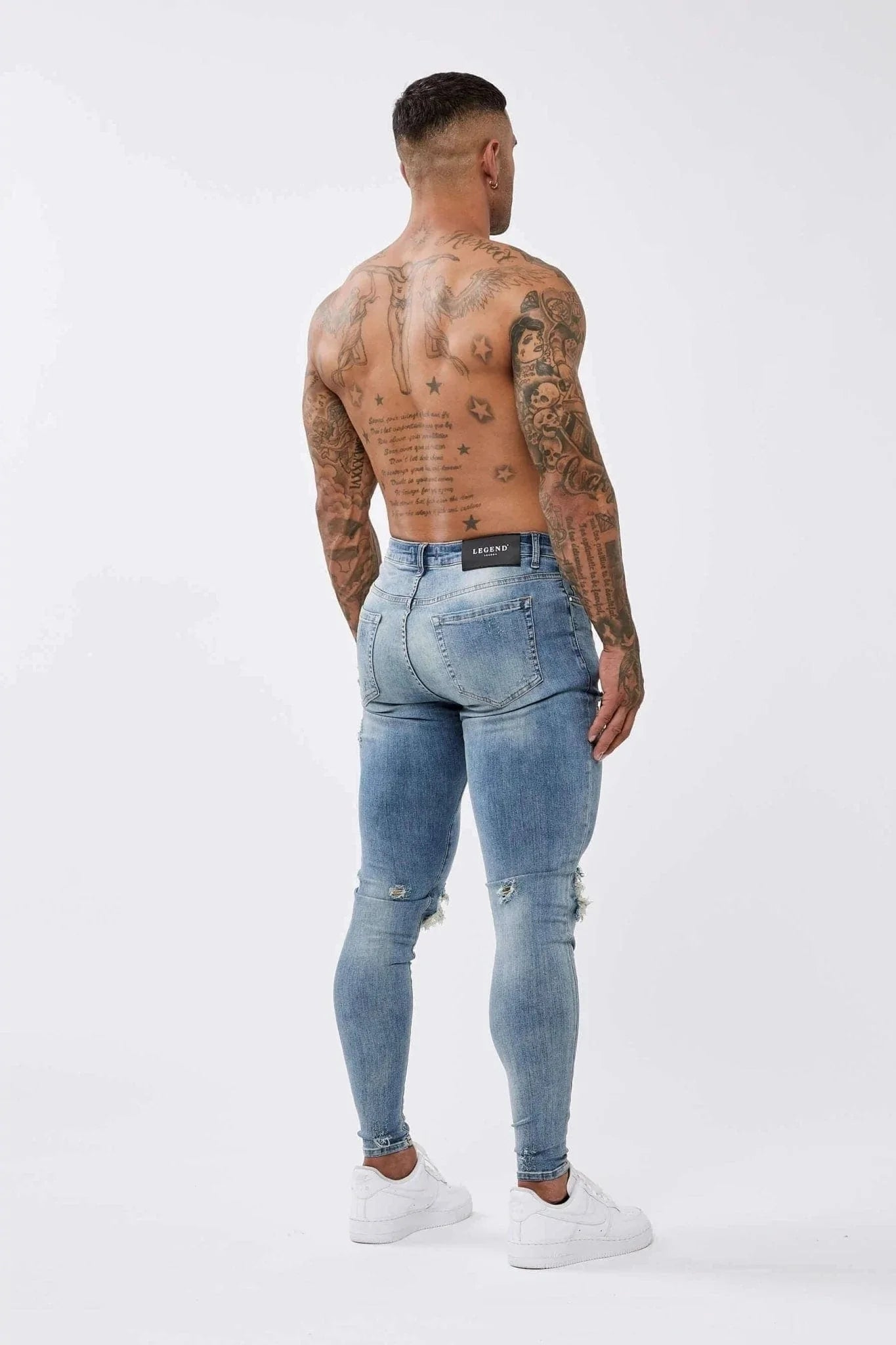 SKINNY FIT JEANS RIPPED & REPAIRED - STRONG WASHED MID BLUE