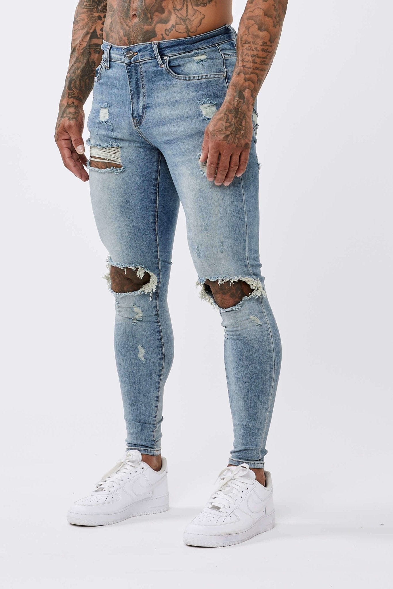 SKINNY FIT JEANS RIPPED & REPAIRED - STRONG WASHED MID BLUE