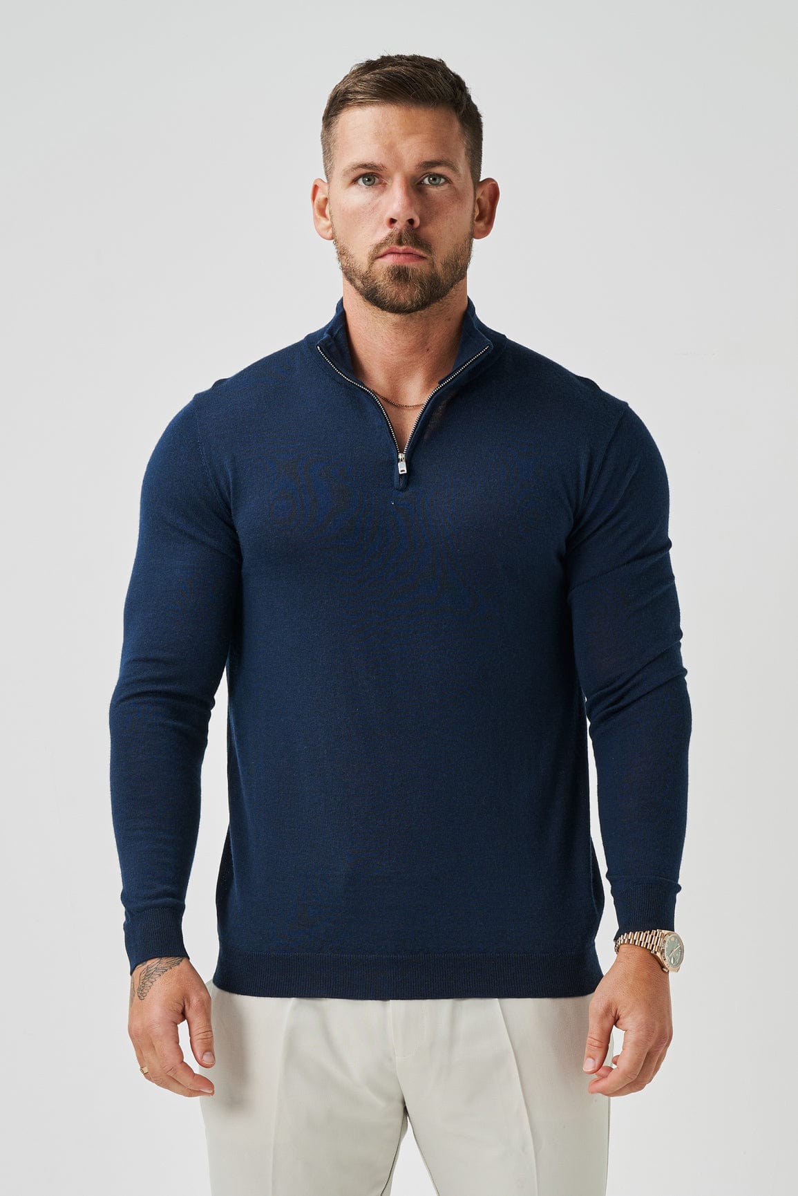 PULL EN MAILLE AVEC FERMETURE ÉCLAIR QUART - BLEU MARINE