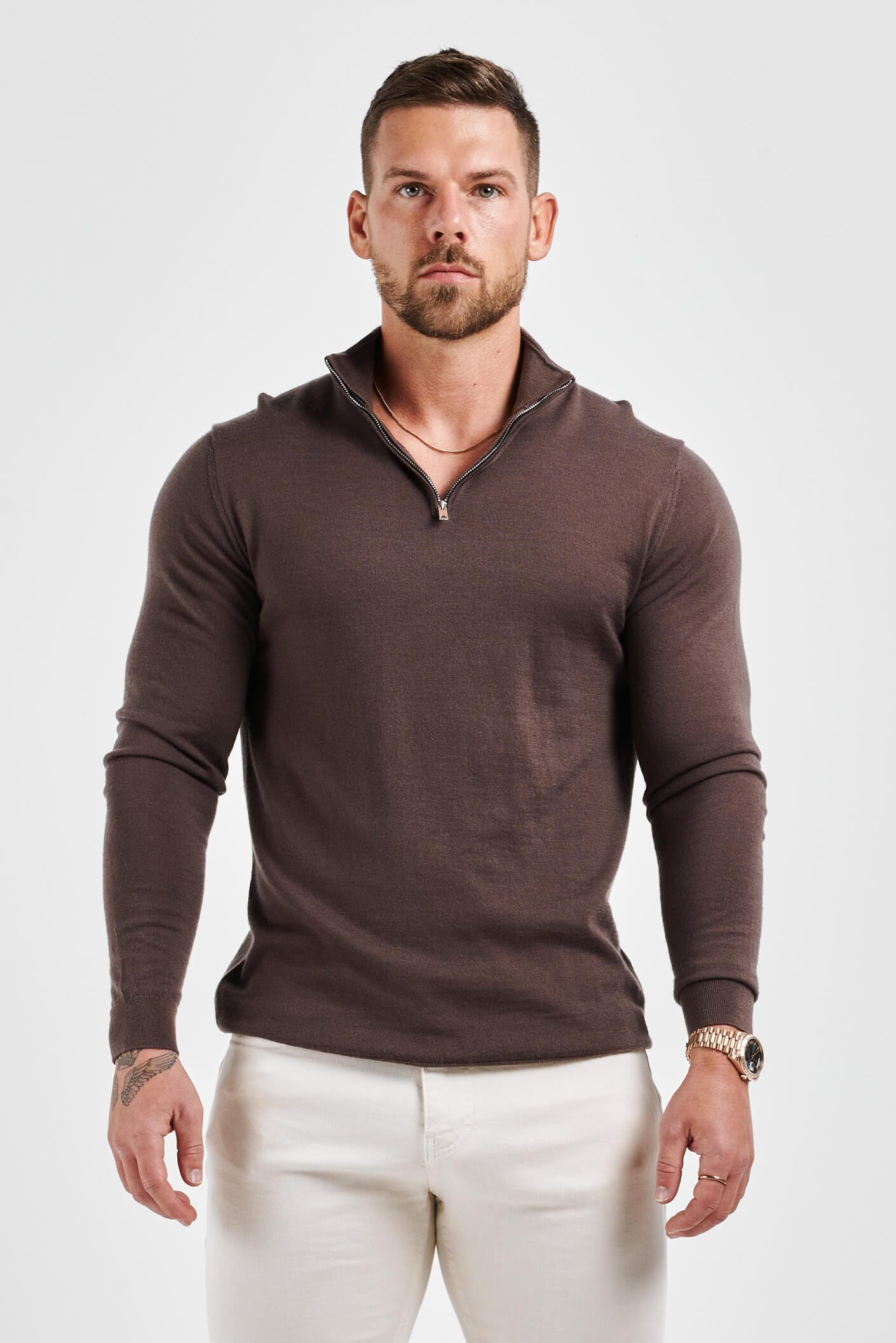 KNIT QUARTER ZIP SWEATER - BROWN