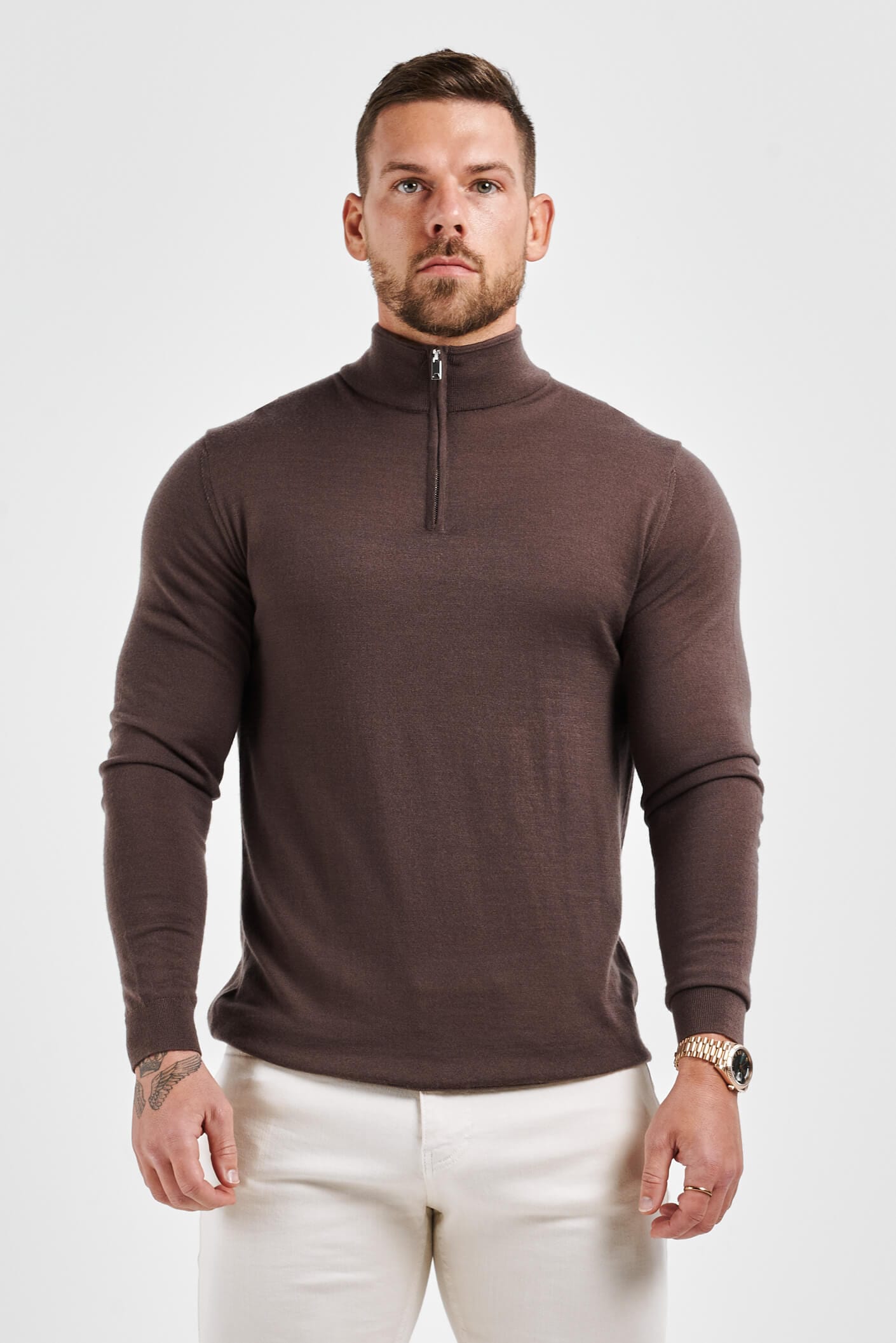 KNIT QUARTER ZIP SWEATER - BROWN