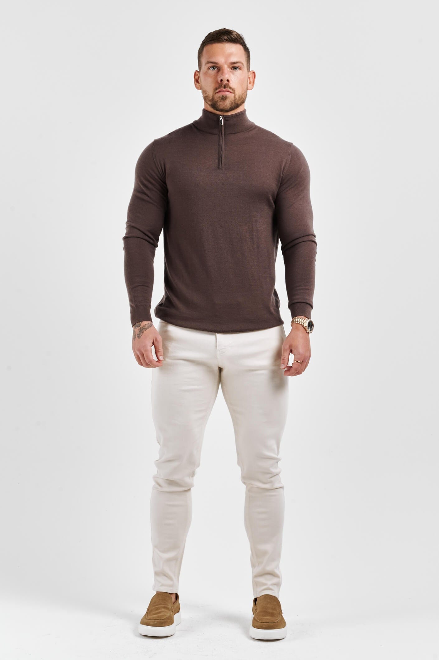 KNIT QUARTER ZIP SWEATER - BROWN