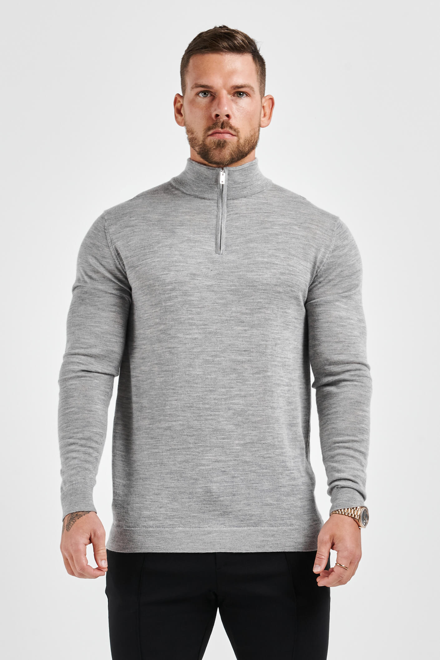 PULL EN MAILLE AVEC FERMETURE ÉCLAIR QUART - GRIS CHINÉ