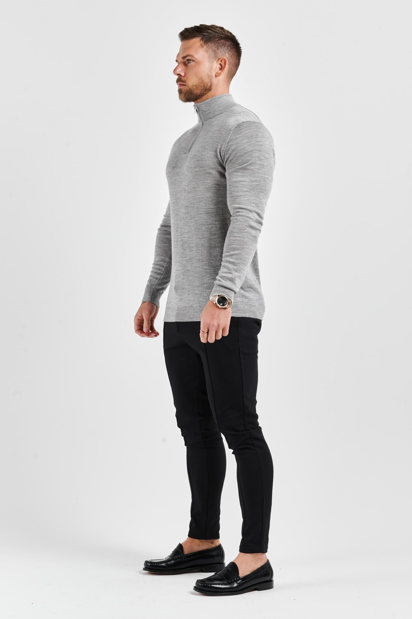 KNIT QUARTER ZIP SWEATER - GREY MARL