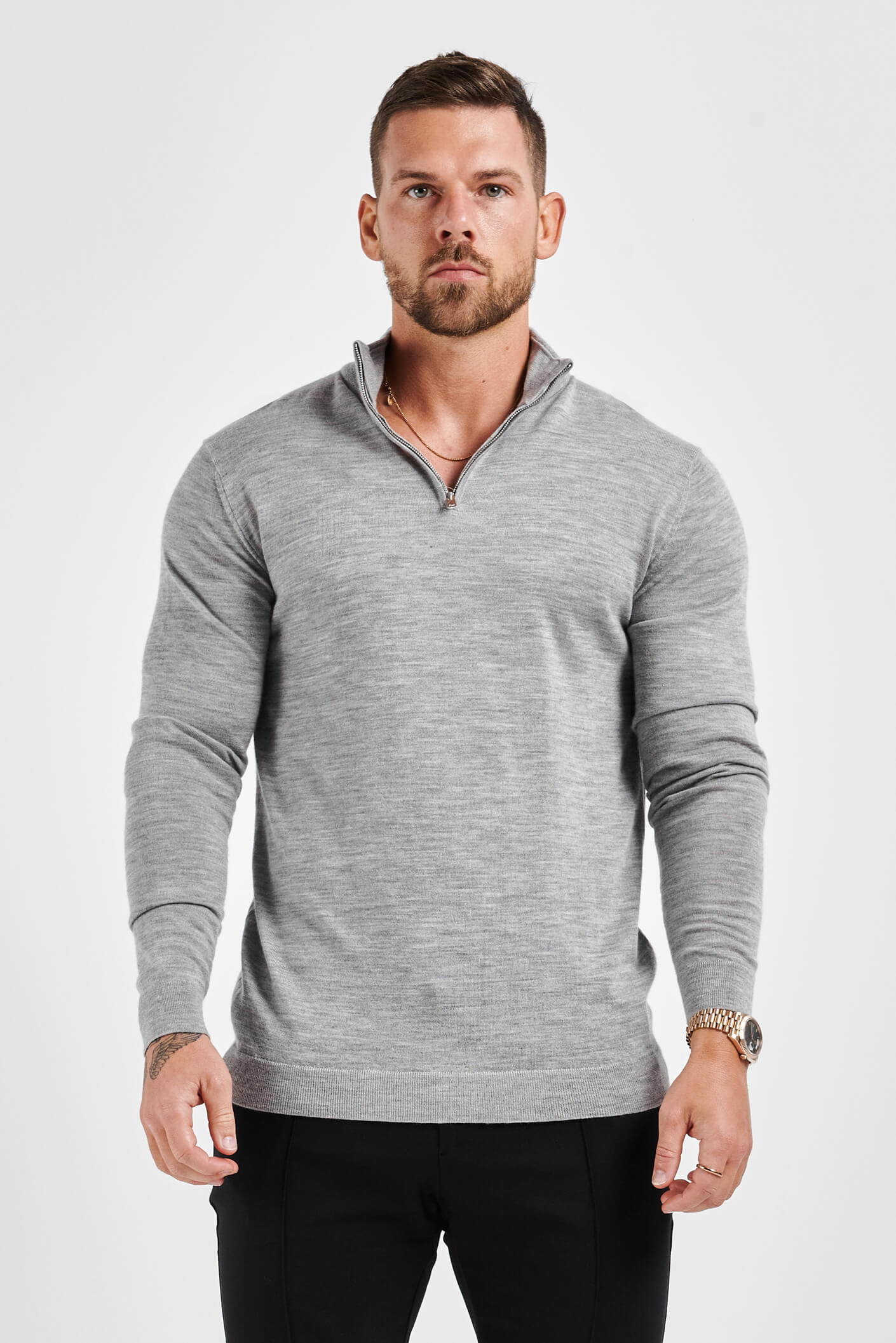 KNIT QUARTER ZIP SWEATER - GREY MARL