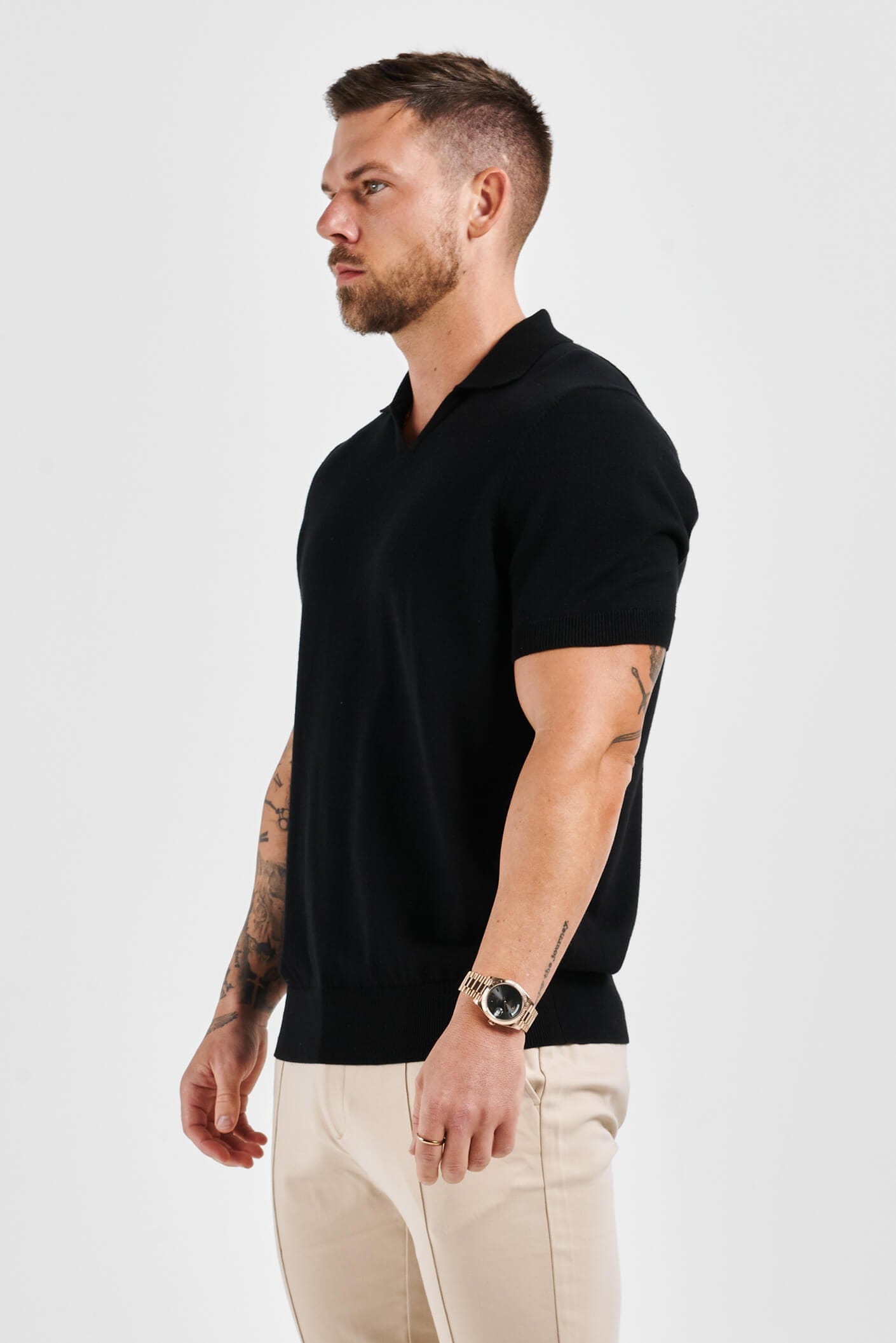 APOLLO OPEN COLLAR POLO SHIRT - BLACK