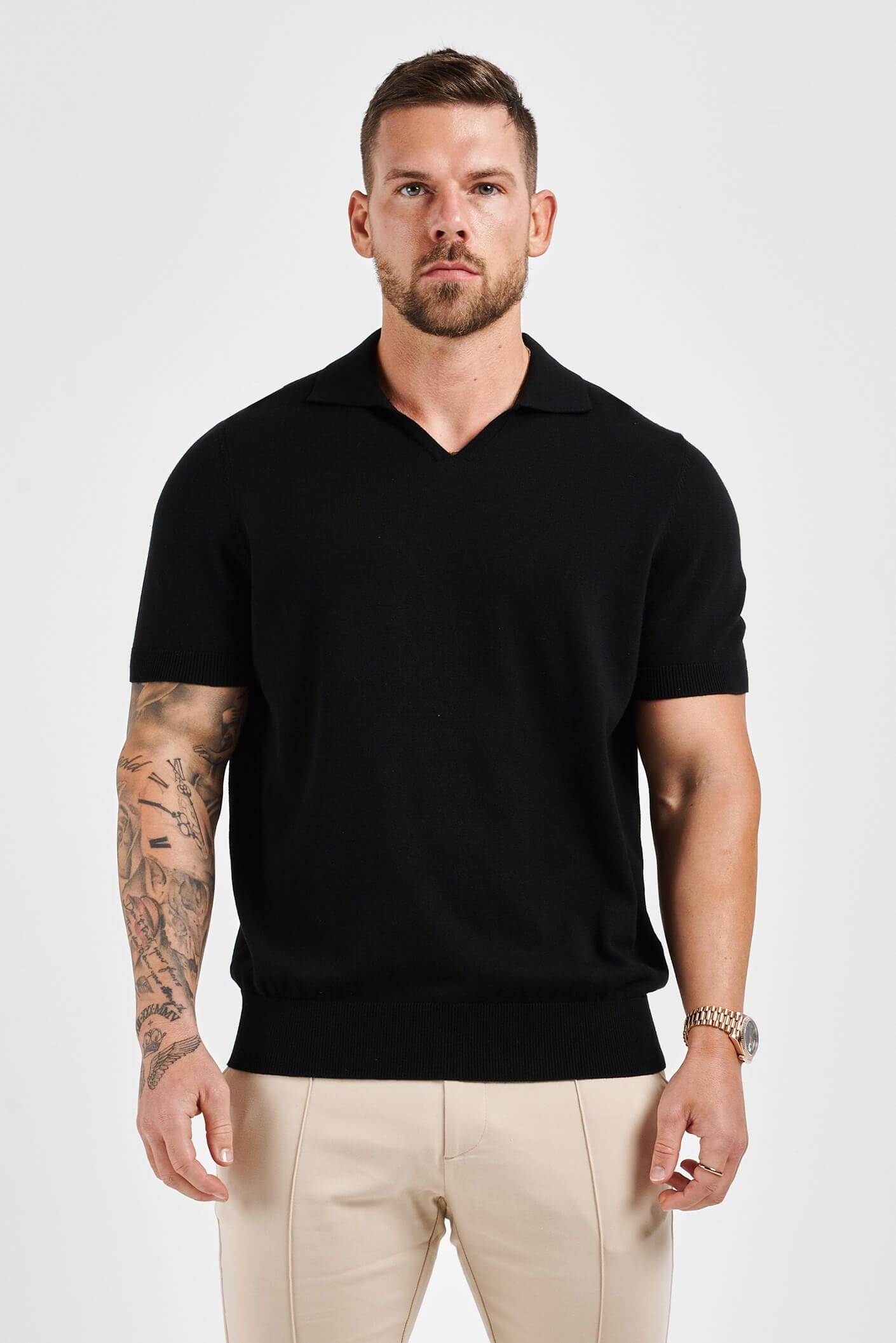 APOLLO OPEN COLLAR POLO SHIRT - BLACK