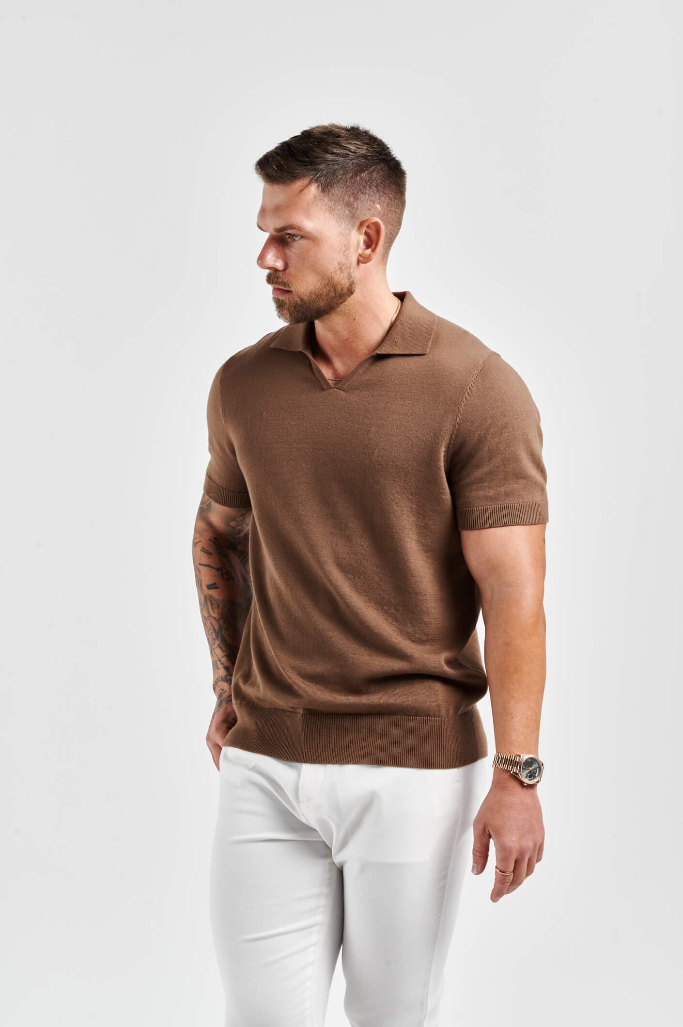 APOLLO OPEN COLLAR POLO SHIRT - BROWN