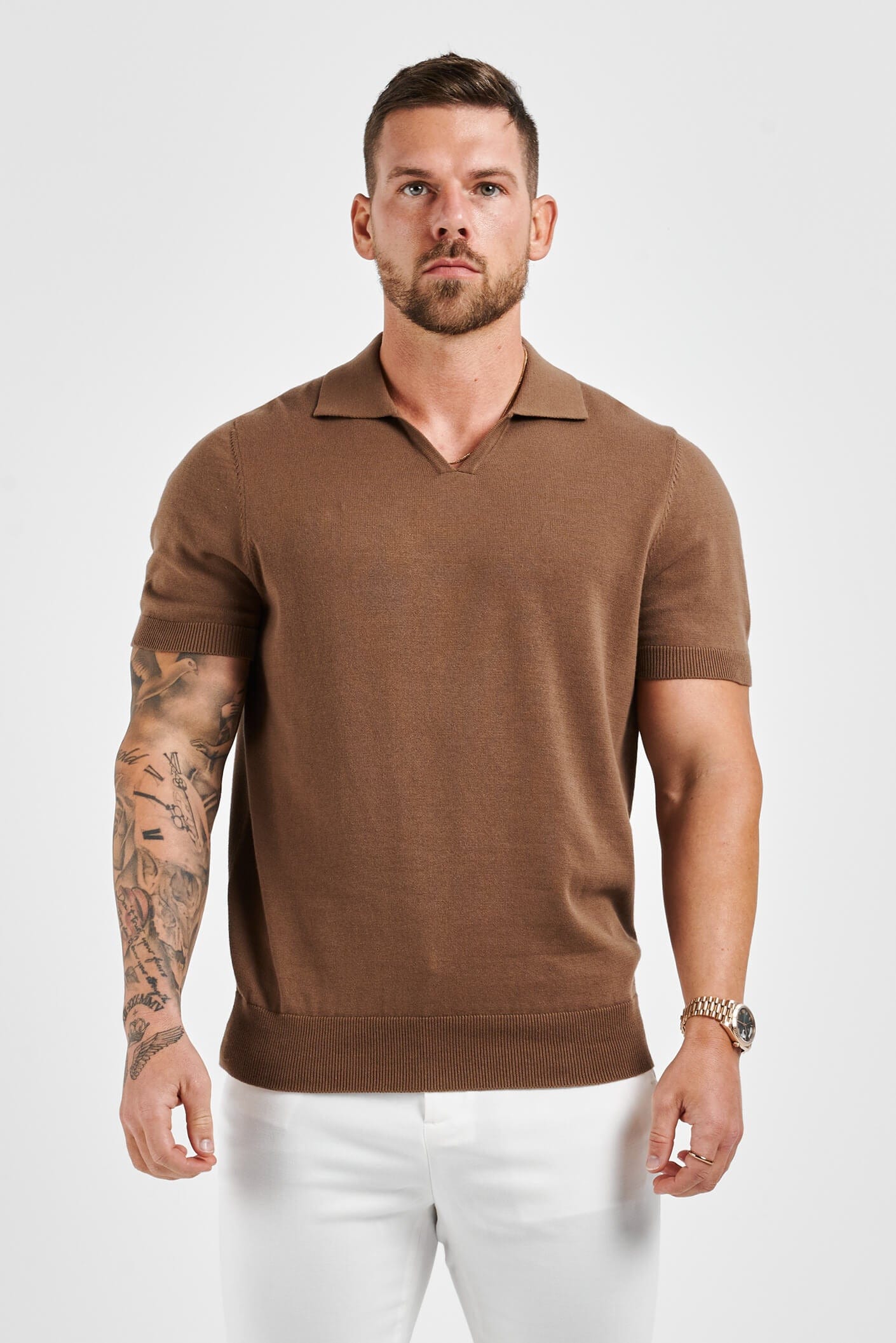 APOLLO OPEN COLLAR POLO SHIRT - BROWN