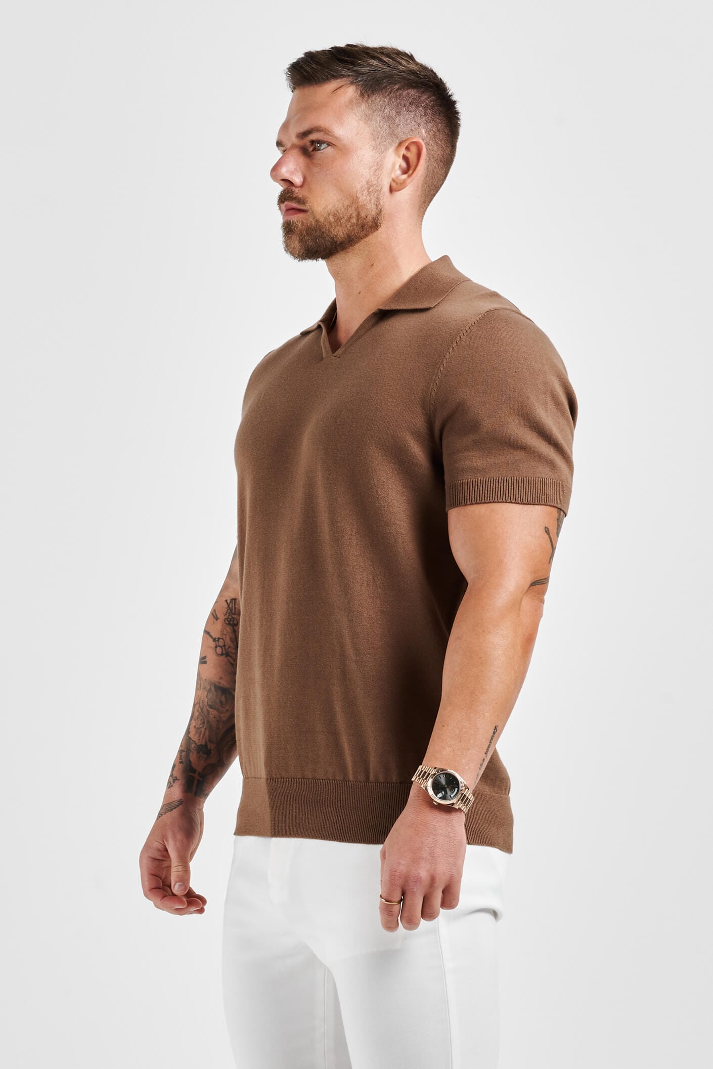 APOLLO OPEN COLLAR POLO SHIRT - BROWN