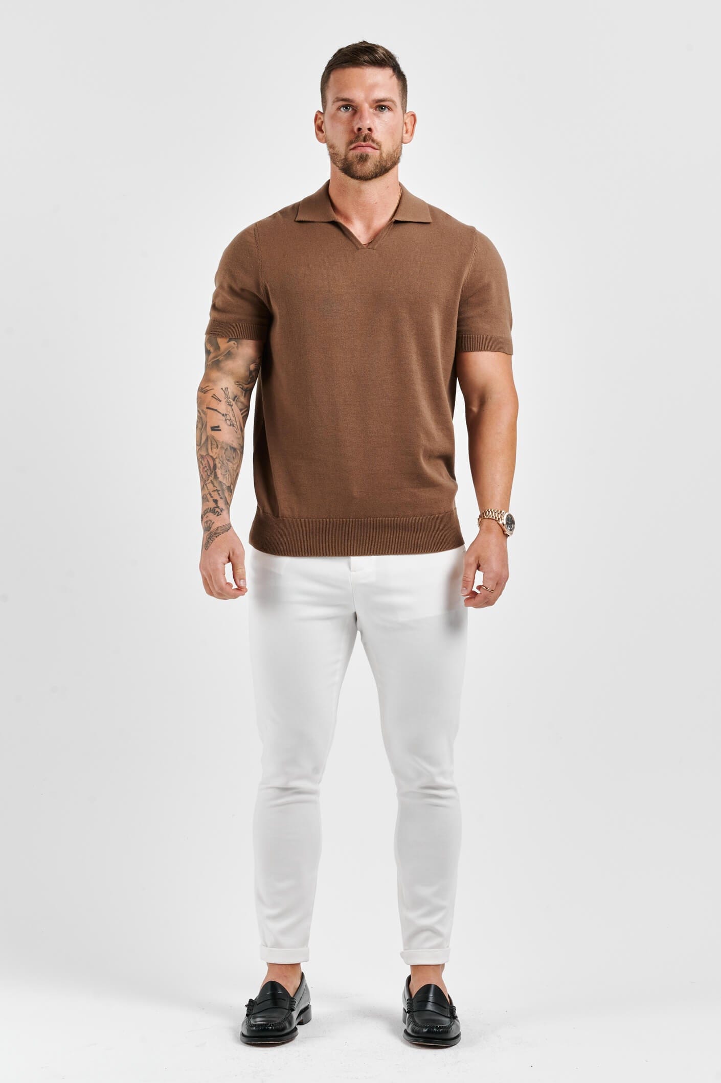 APOLLO OPEN COLLAR POLO SHIRT - BROWN