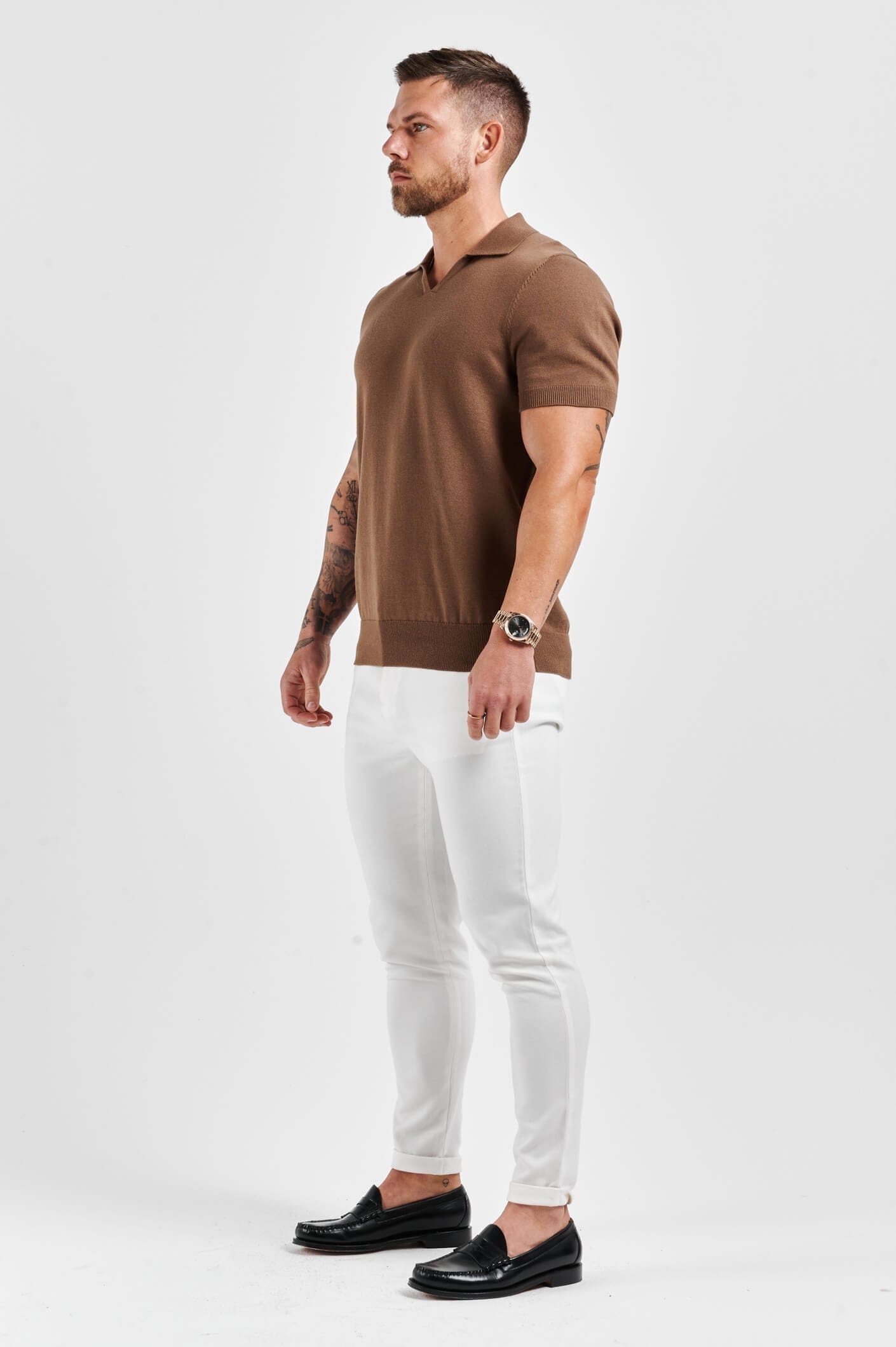 APOLLO OPEN COLLAR POLO SHIRT - BROWN