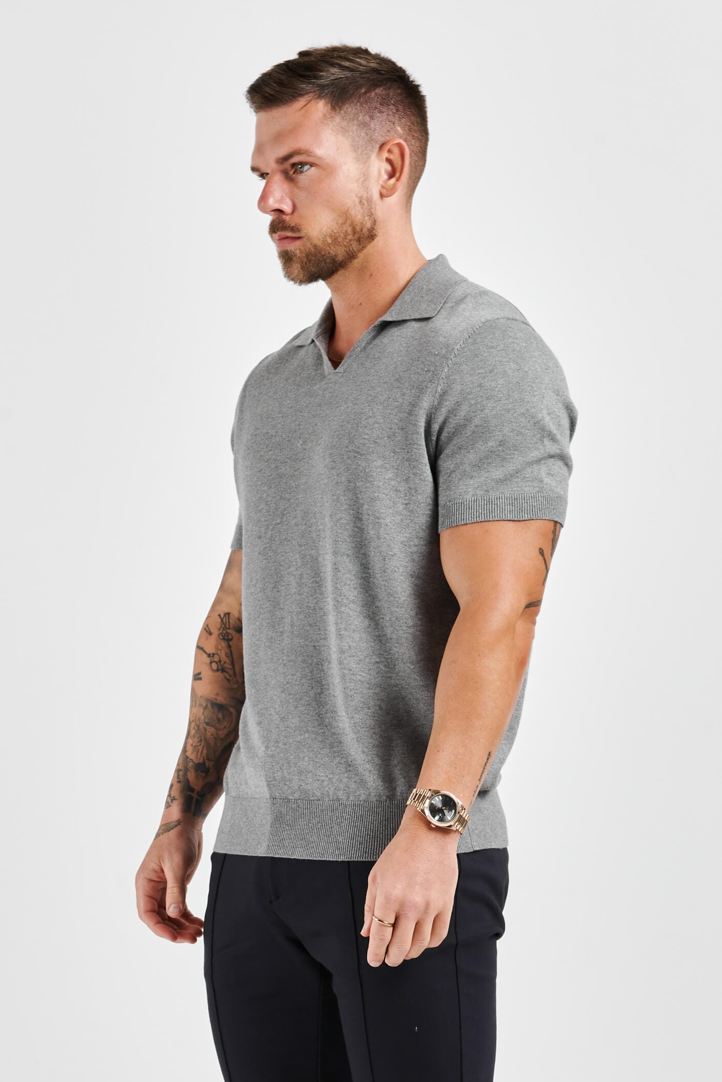 APOLLO OPEN COLLAR POLO SHIRT - GREY MARL