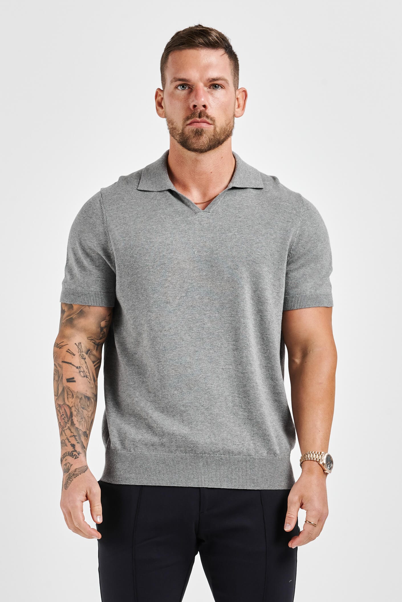 APOLLO OPEN COLLAR POLO SHIRT - GREY MARL