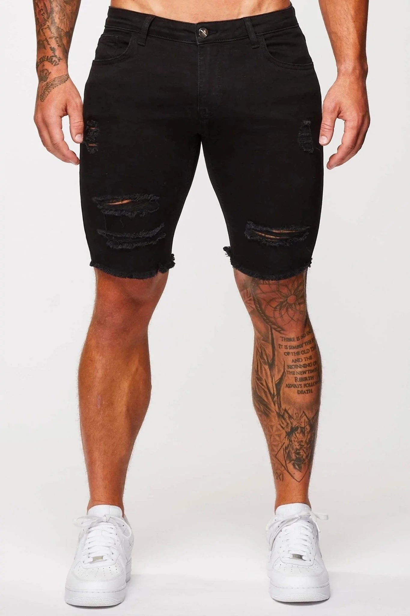 BLACK DENIM SHORTS - RIPPED & REPAIRED