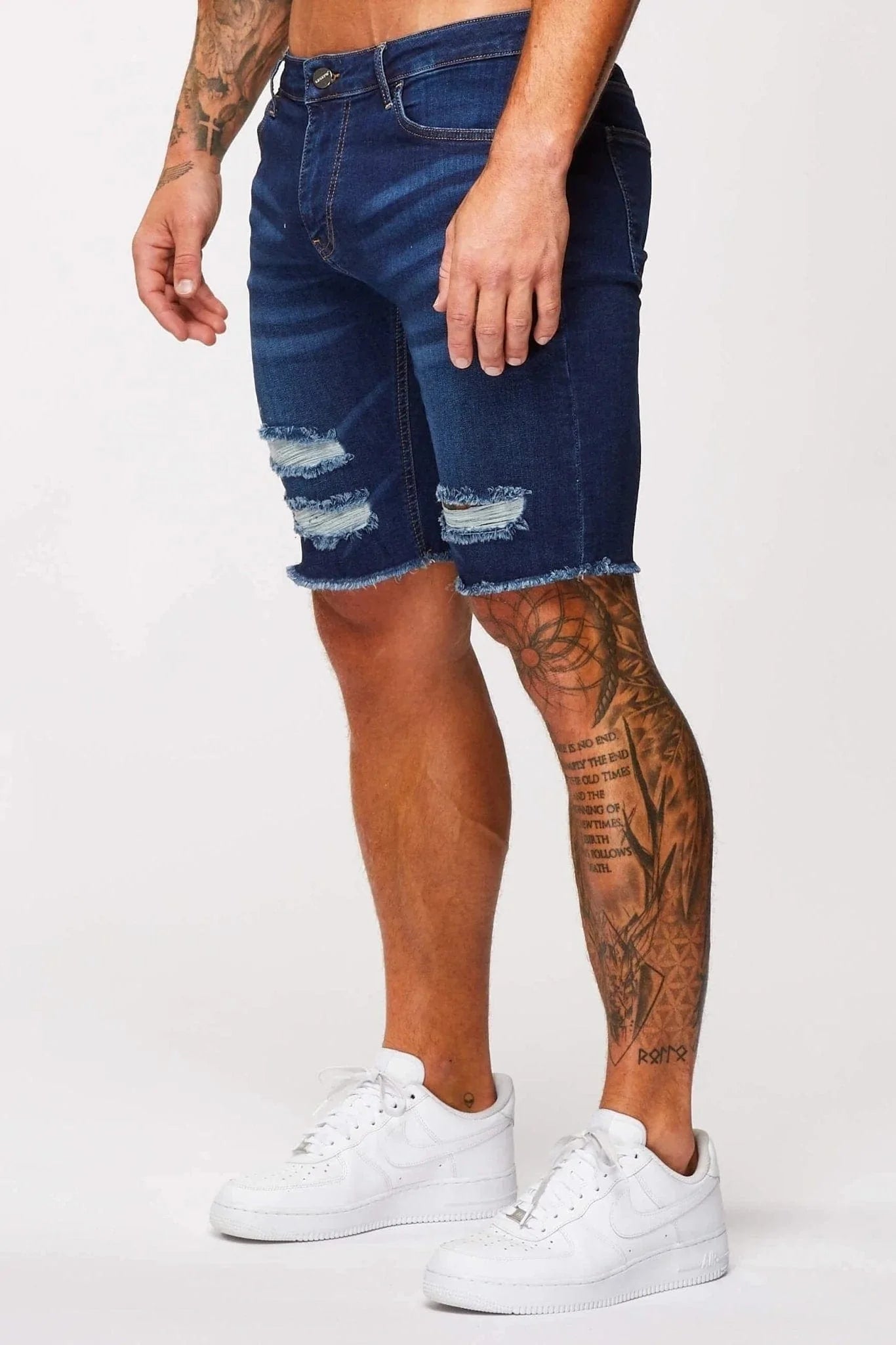 DARK BLUE DENIM SHORTS - RIPPED & REPAIRED