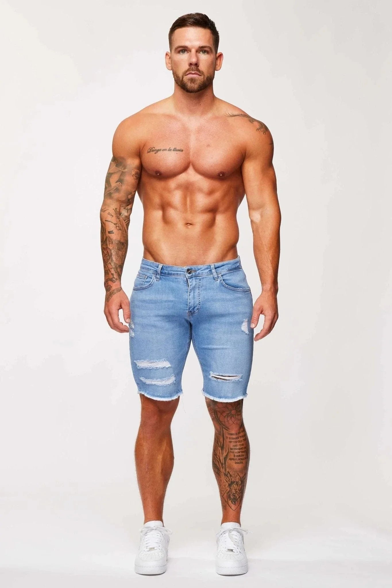 LIGHT BLUE DENIM SHORTS - RIPPED & REPAIRED