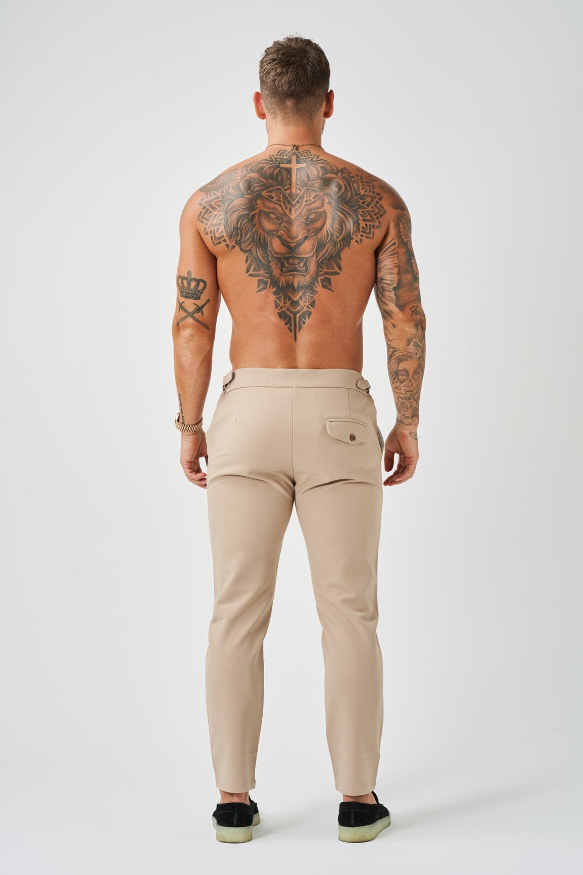 SLIM FIT PLAIN STRETCH TROUSER W/ SIDE CINCH - BEIGE