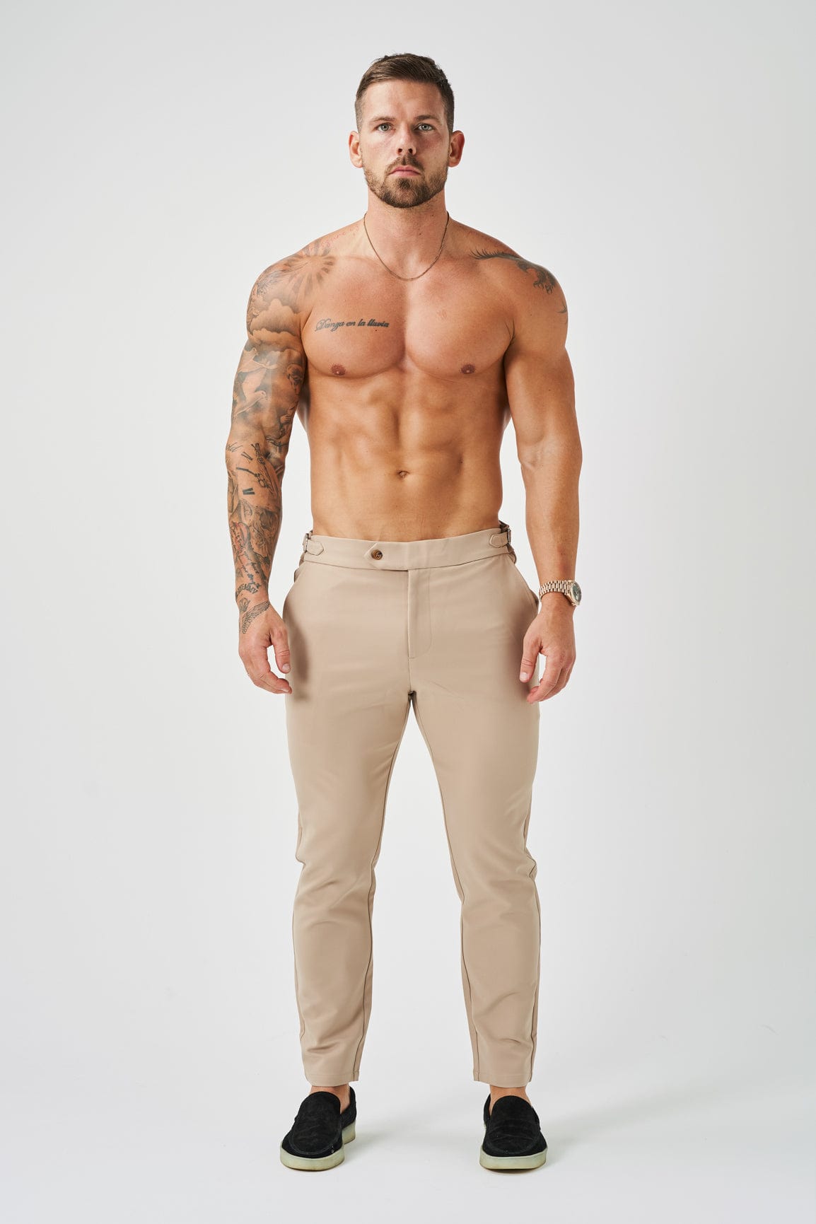 SLIM FIT PLAIN STRETCH TROUSER W/ SIDE CINCH - BEIGE