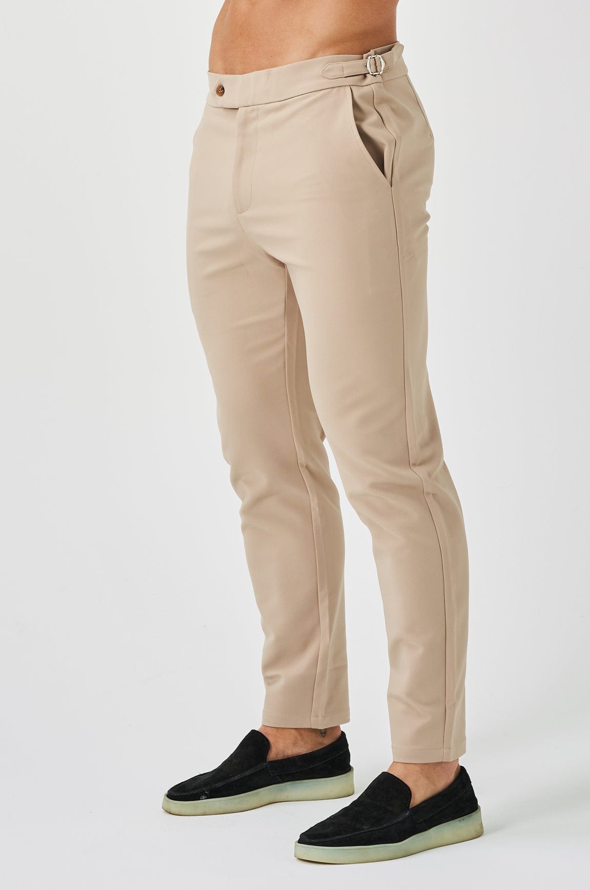 SLIM FIT PLAIN STRETCH TROUSER W/ SIDE CINCH - BEIGE