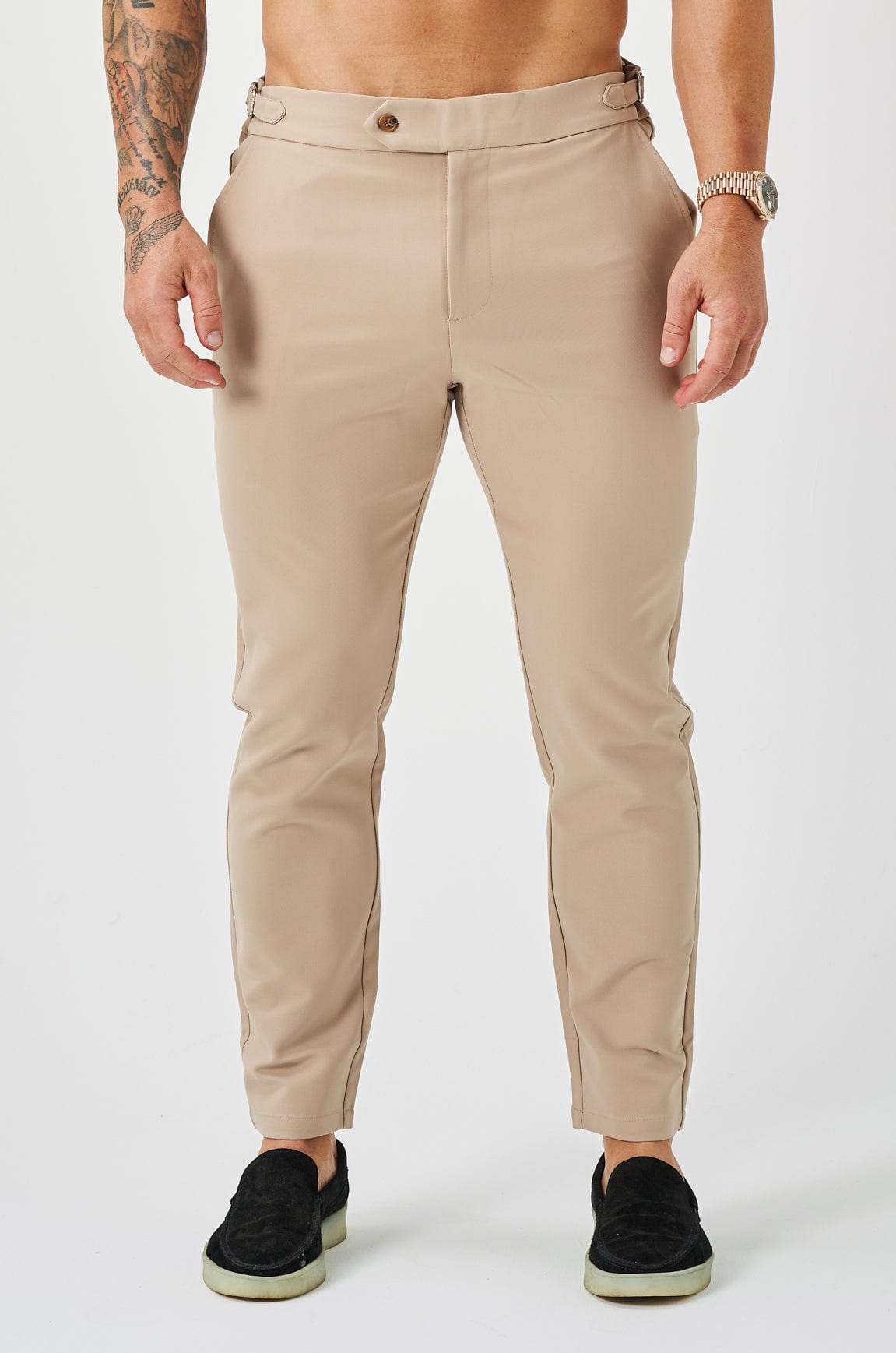 SLIM FIT PLAIN STRETCH TROUSER W/ SIDE CINCH - BEIGE