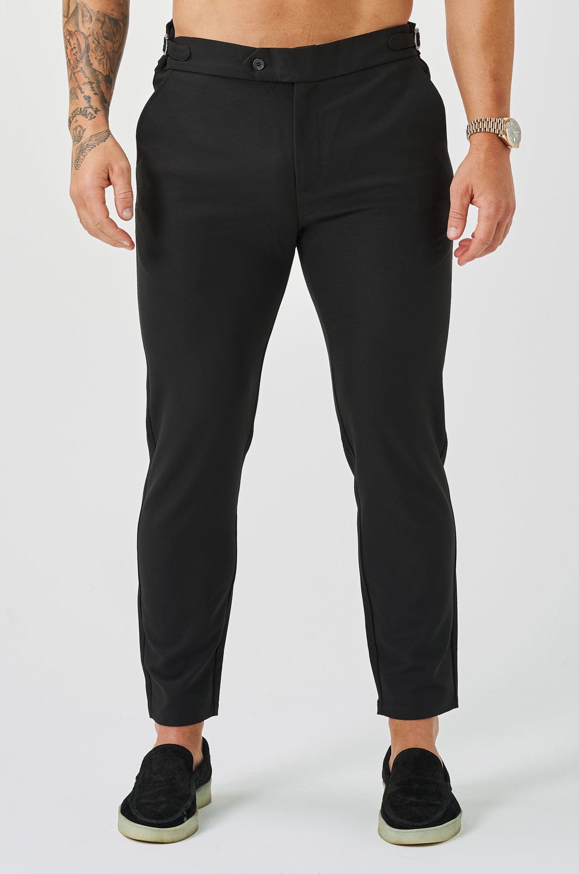 SLIM FIT PLAIN STRETCH TROUSER W/ SIDE CINCH - BLACK