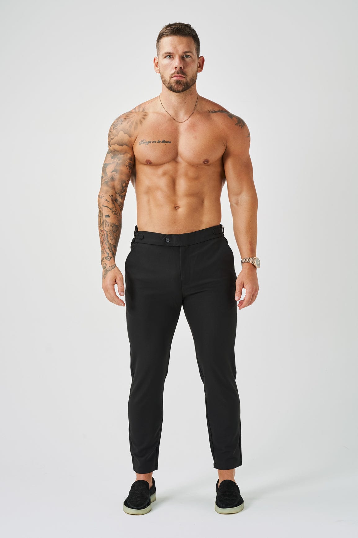 SLIM FIT PLAIN STRETCH TROUSER W/ SIDE CINCH - BLACK