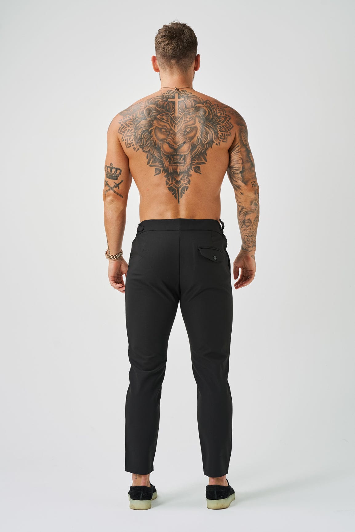 SLIM FIT PLAIN STRETCH TROUSER W/ SIDE CINCH - BLACK