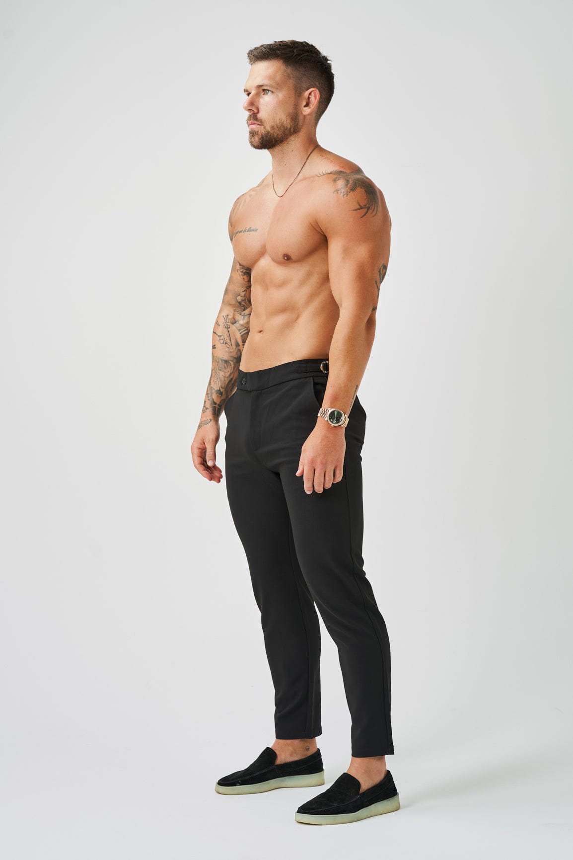 SLIM FIT PLAIN STRETCH TROUSER W/ SIDE CINCH - BLACK