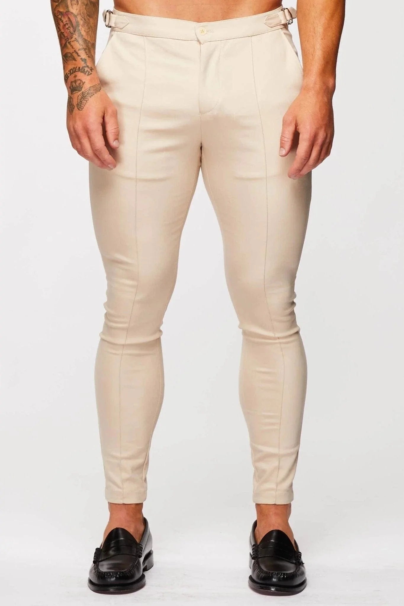 PLAIN STRETCH TROUSER W/ SIDE CINCH - BEIGE