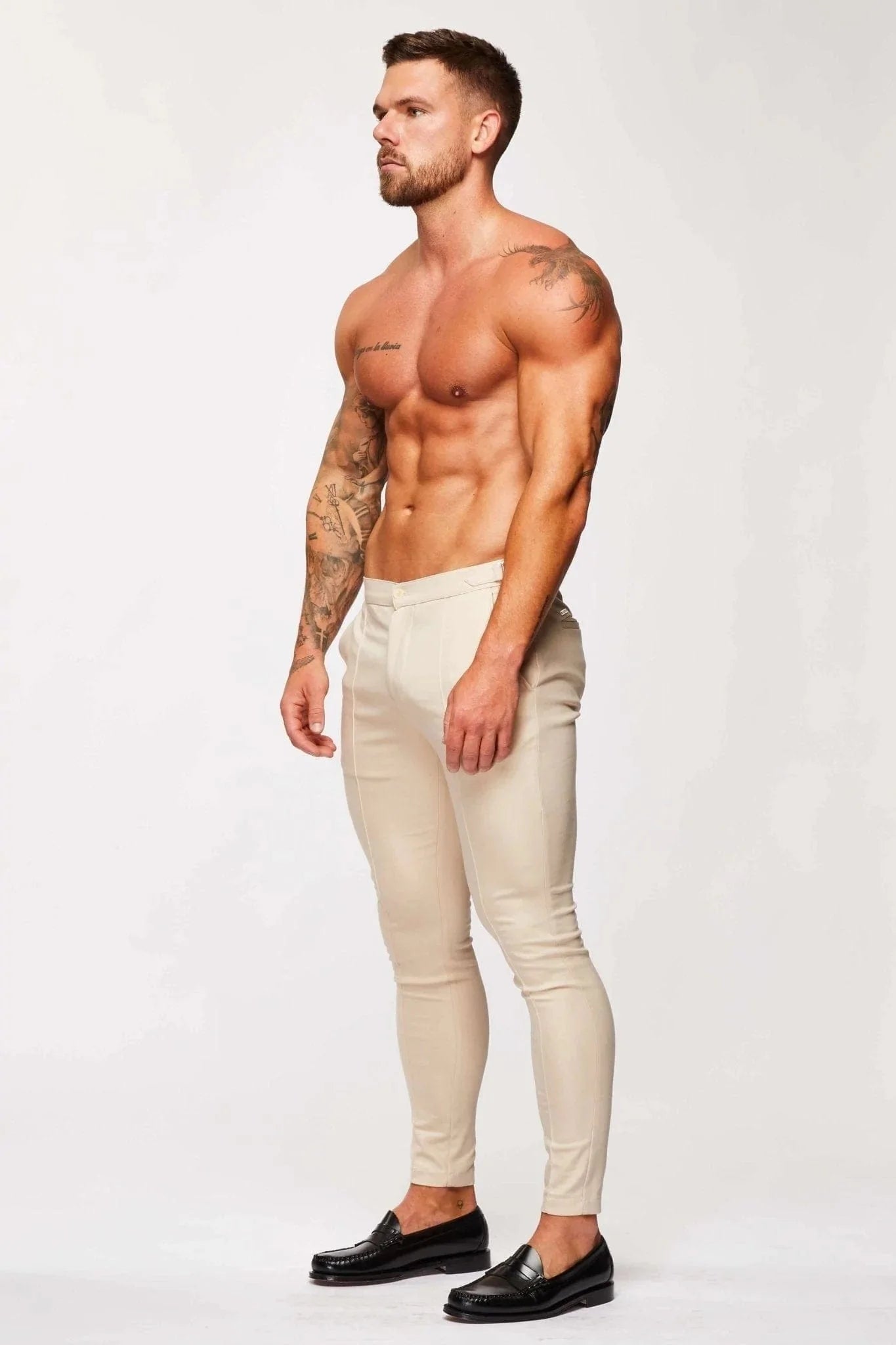 PLAIN STRETCH TROUSER W/ SIDE CINCH - BEIGE