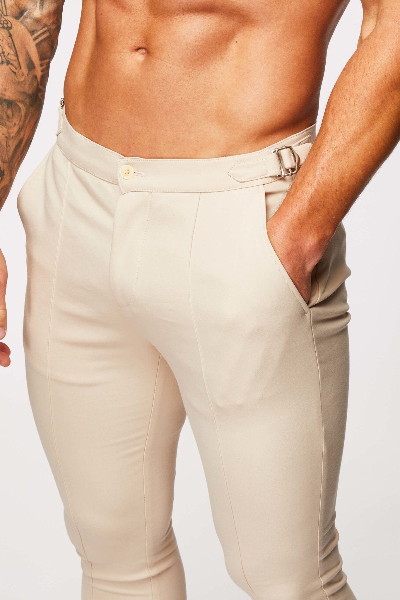 PLAIN STRETCH TROUSER W/ SIDE CINCH - BEIGE